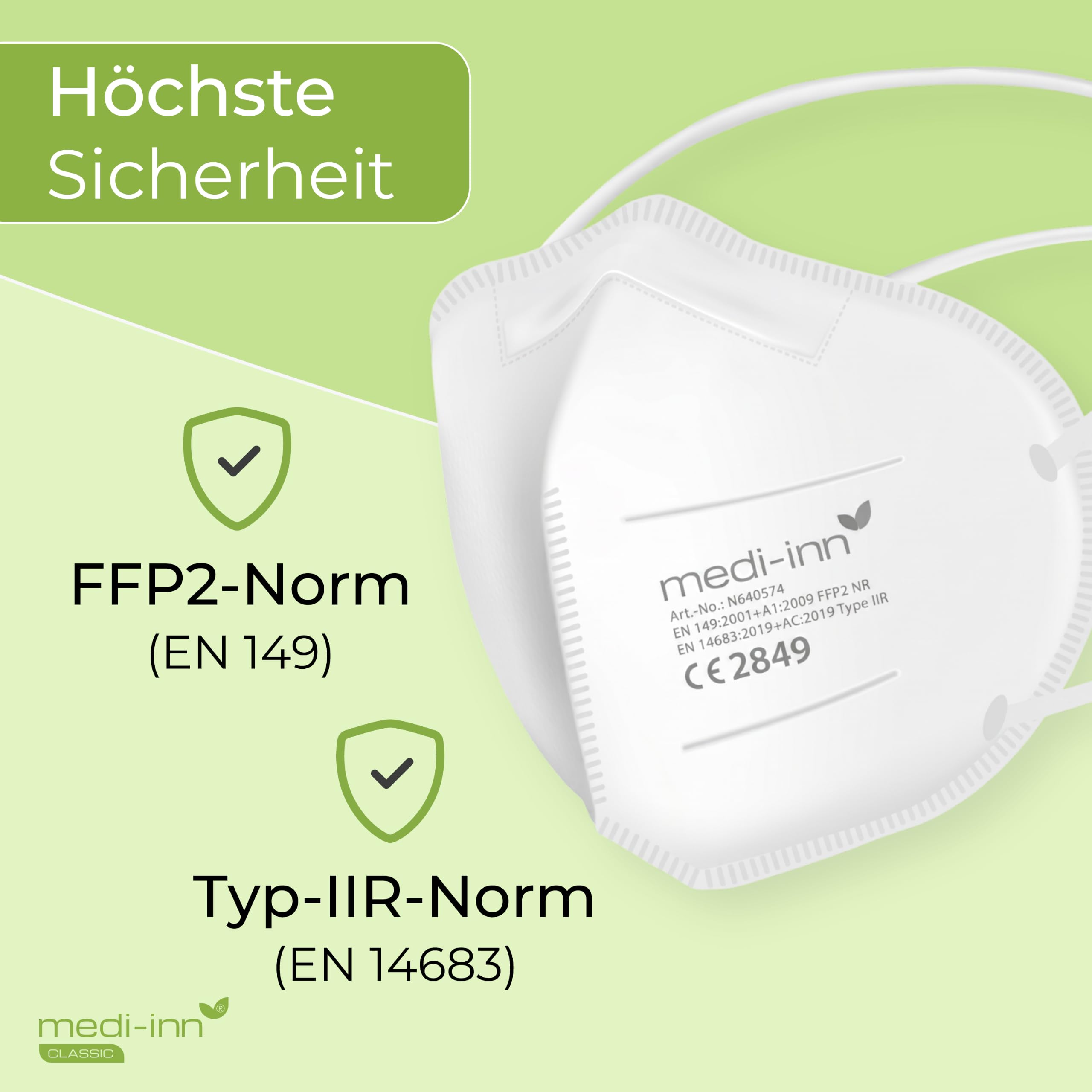 Medi-Inn+ Atemschutzmasken FFP2 NR, Typ IIR, 3-lagig, weiß (10 x 50 = 500 Stück)
