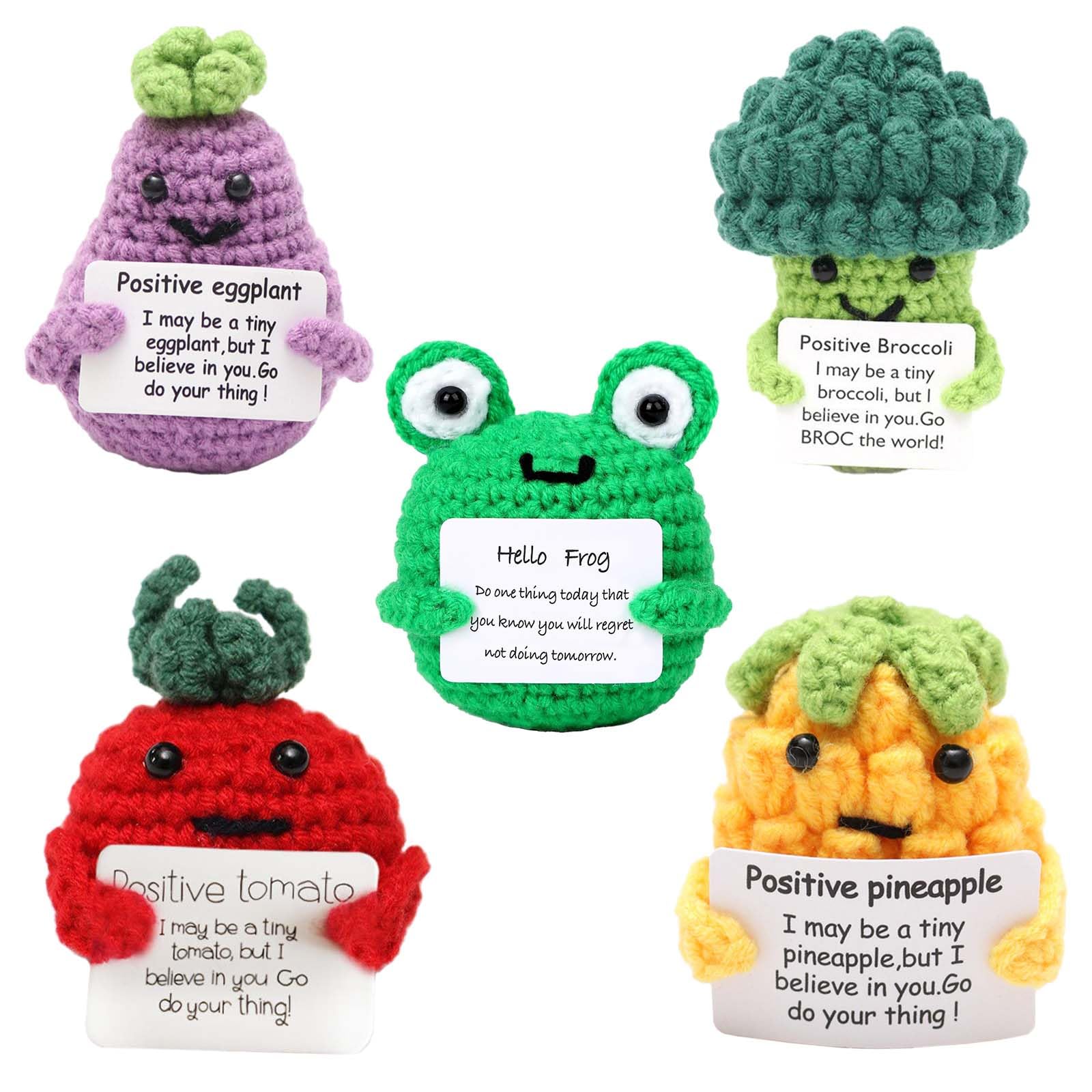 Belligern 5 Pieces of Positive Gifts,Positive Crochet,Emotional Support Plush Vegetable,Handmade,with Positive Energy Cards,Suitable for Carrying Around,Motivational Gifts for Friends