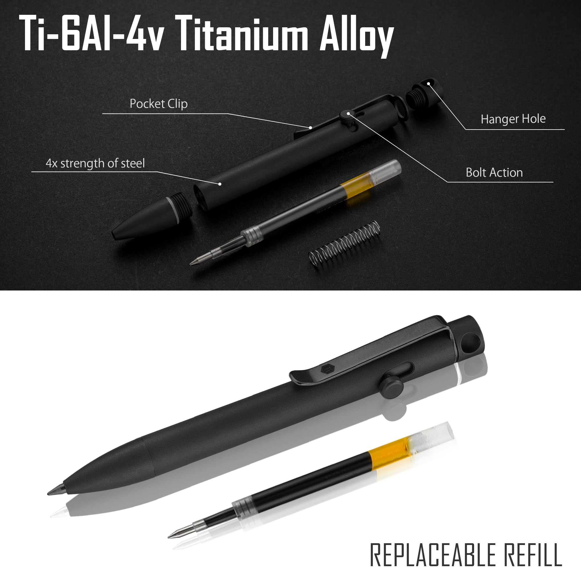 KeyUnity Bolígrafo KP03BK de aleación de titanio con clip, bolígrafo de bolsillo EDC de Metal retráctil para transporte diario