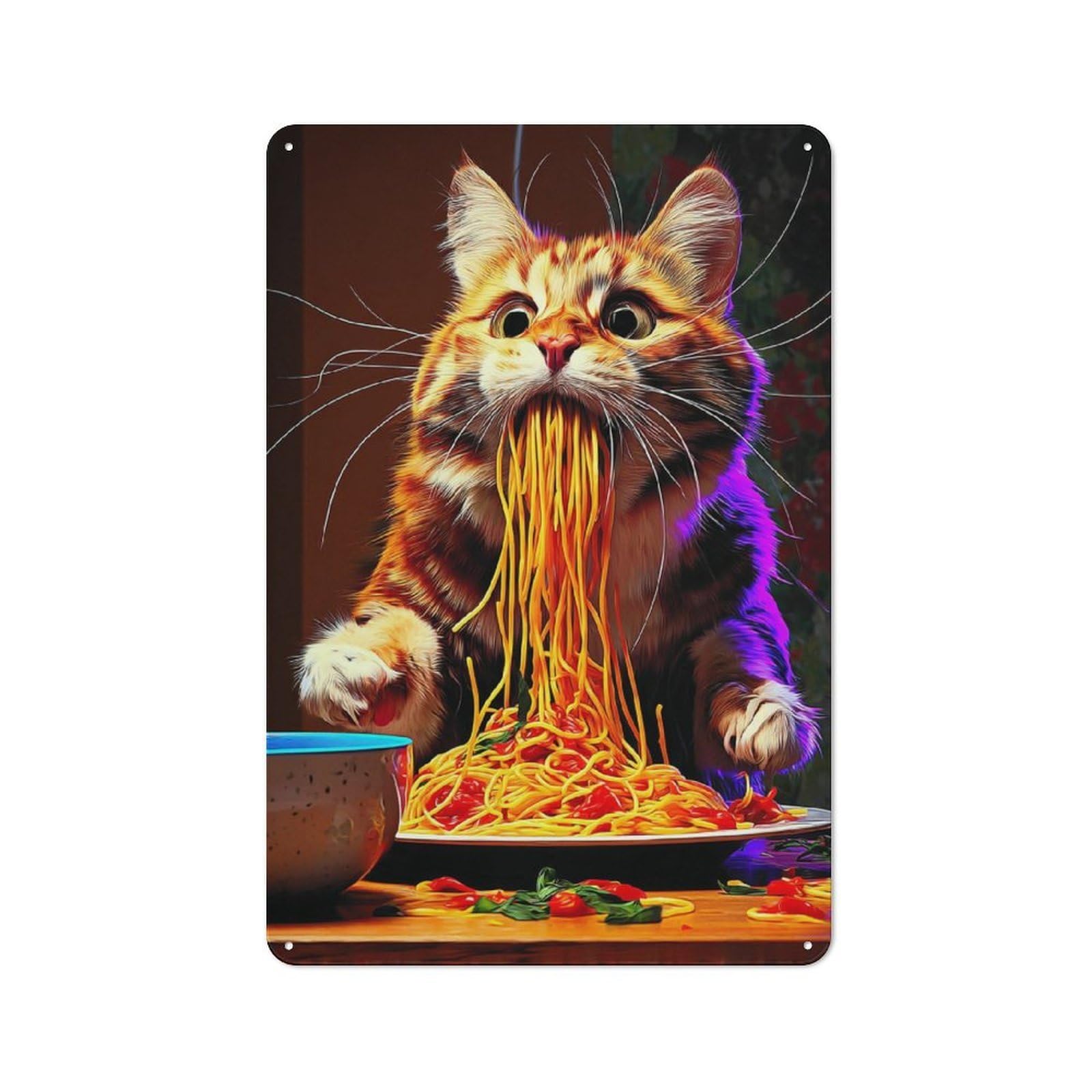 Junmoney Cat Eating Spaghetti 30X20cm Retro Tin Sign With For Kitchen Or Home Bar, A Decorative Gift For A Newly Furnished Kitchen And Home Bar