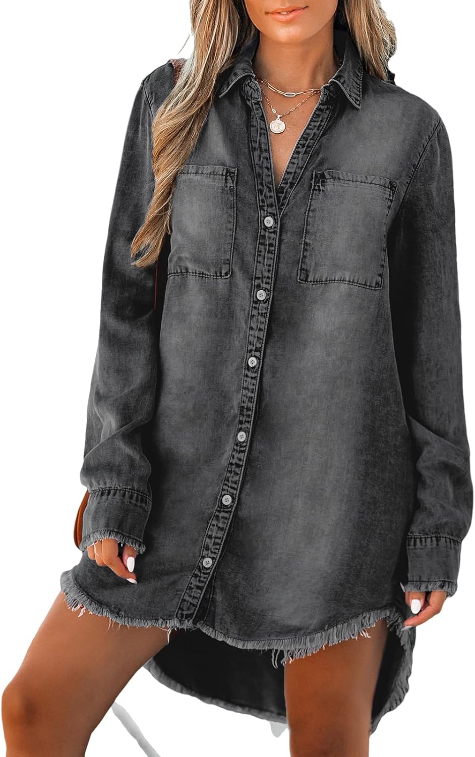 CUPSHE Women Casual Denim Oversized Shirt Long Sleeve Lapel Collar Button Down Shirts Dolphin