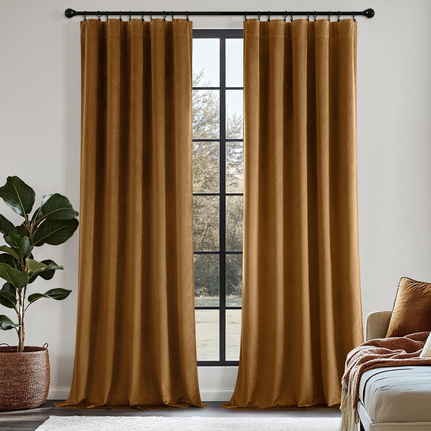 Photo 1 of MIULEE Golden Brown Velvet Curtains 84 Inch Long Luxury Super Soft Thermal Insulated Blackout Curtains Room Darkening Drapes Rod Pocket Design for Bedroom Living Room Set of 2 Panels, W40 x L84 Inch