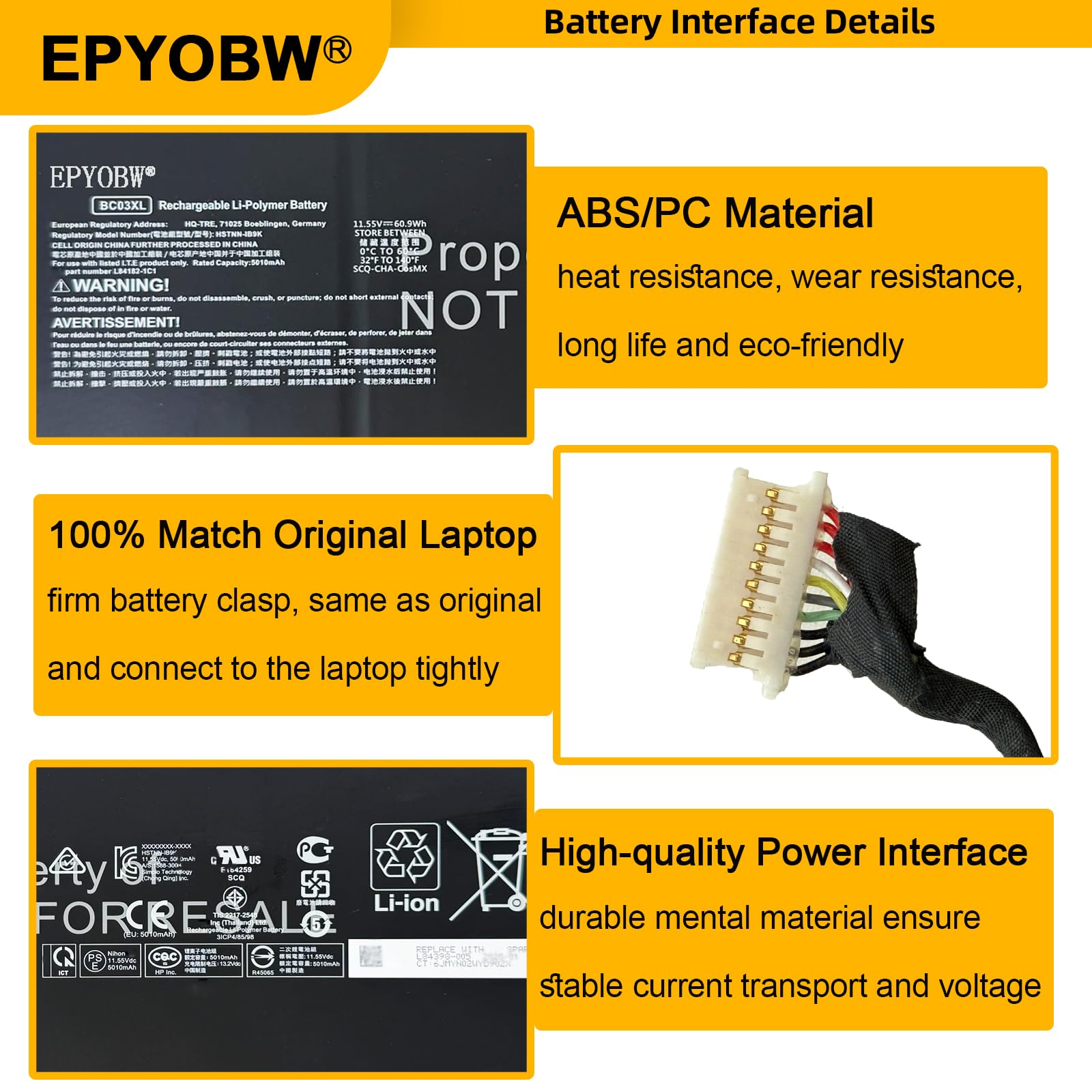 Amazon.com: EPYOBW BC03XL Laptop Battery 60.9Wh 5010mAh Compatible