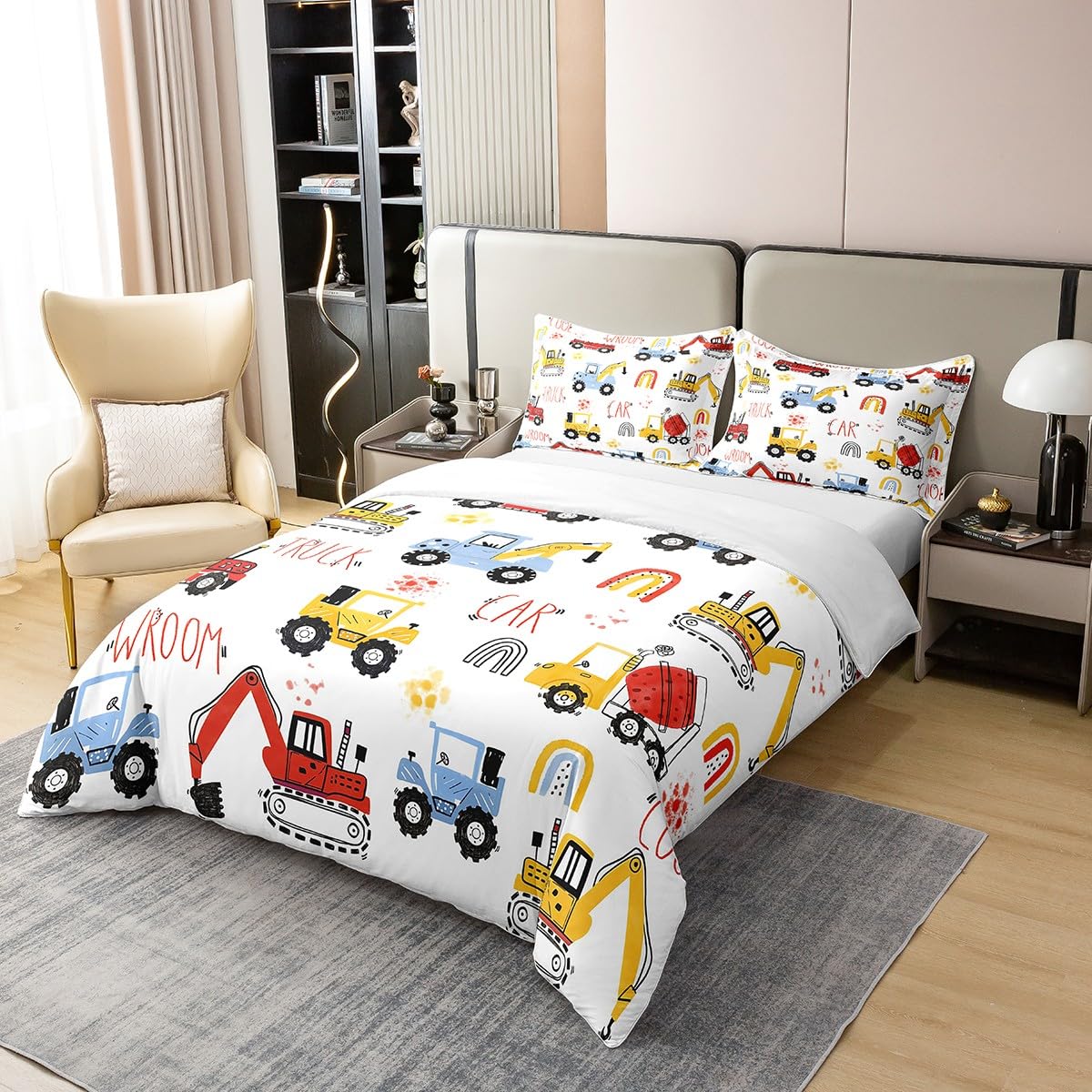 Erosebridal 100% Organic Cotton Vehicle Duvet Cover, Rainbow Construction Truck Comforter Twin Comforter Set Tractor Bedding Twin Bedding Sets for Boys Cute Comfy Cozy Room Decor