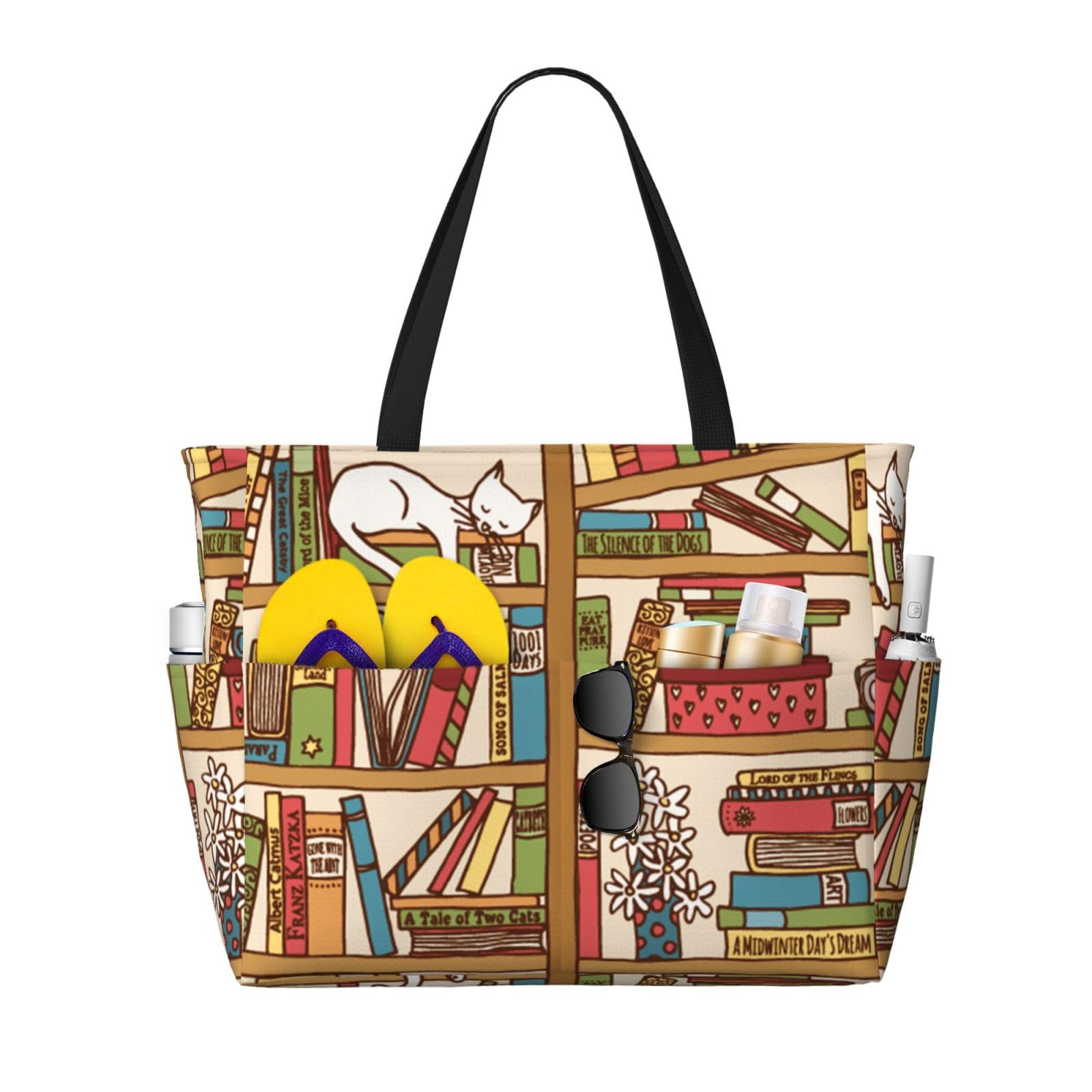 YOULINGAN Sleeping Cat Library Bookshelf Beach Bag Women Tote Bag Pool Bag With Zipper For Gym Grocery Travel With Wet Pocket