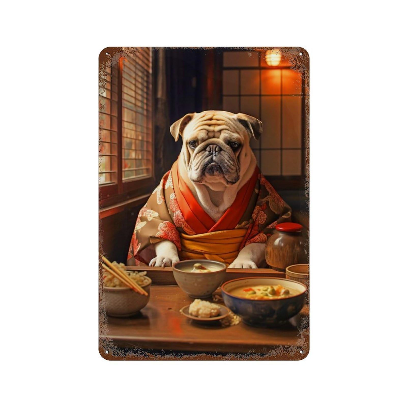 Bulldog in Kimono at Dinner Retro Metal Sign 11.8"x7.9", Old School Wall Decor for Garage, Bar And Workshop Decor