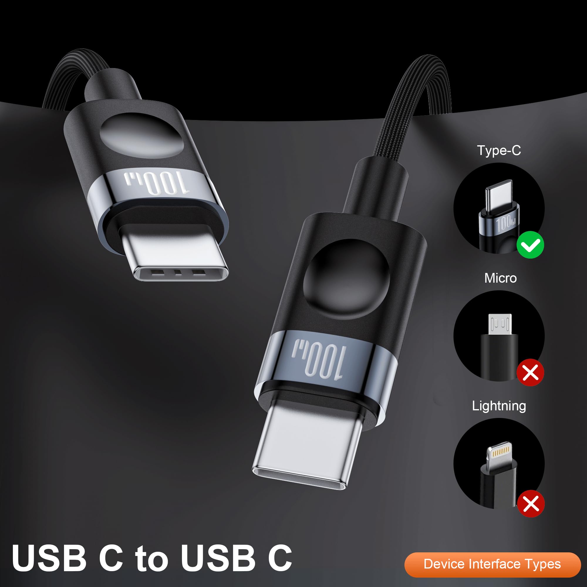 Cable USB C a USB C de 100 W, cargador tipo C de carga rápida (3.3 pies, paquete de 2) cable de nailon trenzado largo para coche, compatible con MacBook Pro/Air, iPad Pro, iPhone 17/16/15, Samsung S23
