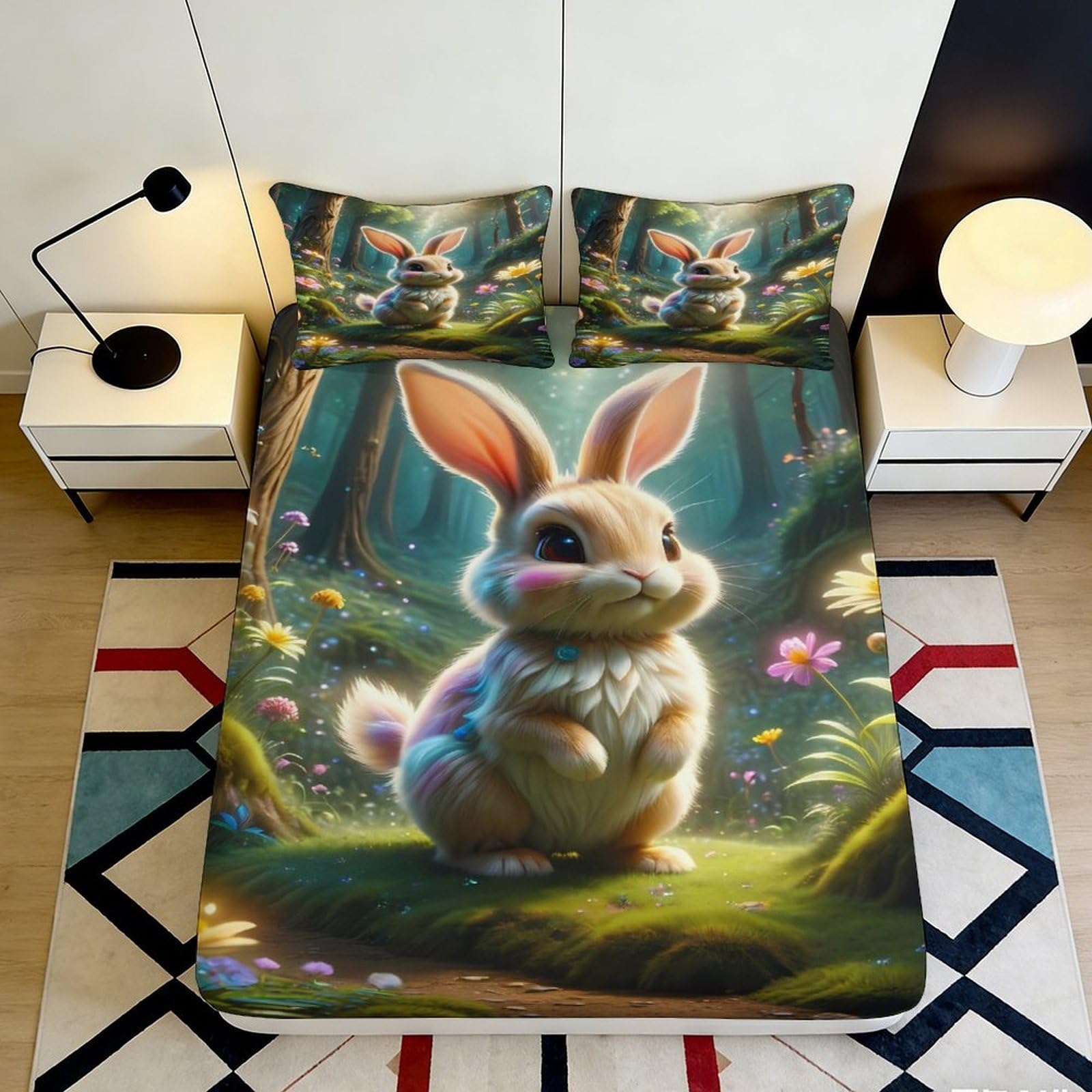 3D Printed Forest Bunny Fitted Sheet Microfiber Soft Washable Cartoon Rabbit Mattress Cover for Bedroom Decor 90x200x25cm