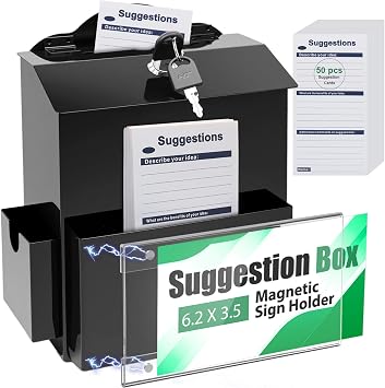 Metal Suggestion Box with Slot, Lockable Donation Box with Keys & 50 Cards | Wall/Tabletop Mounted Black Ballot Boxes, Magnetic Acrylic Sign Holder, 2 Storage Compartments, for Office School Church Shop