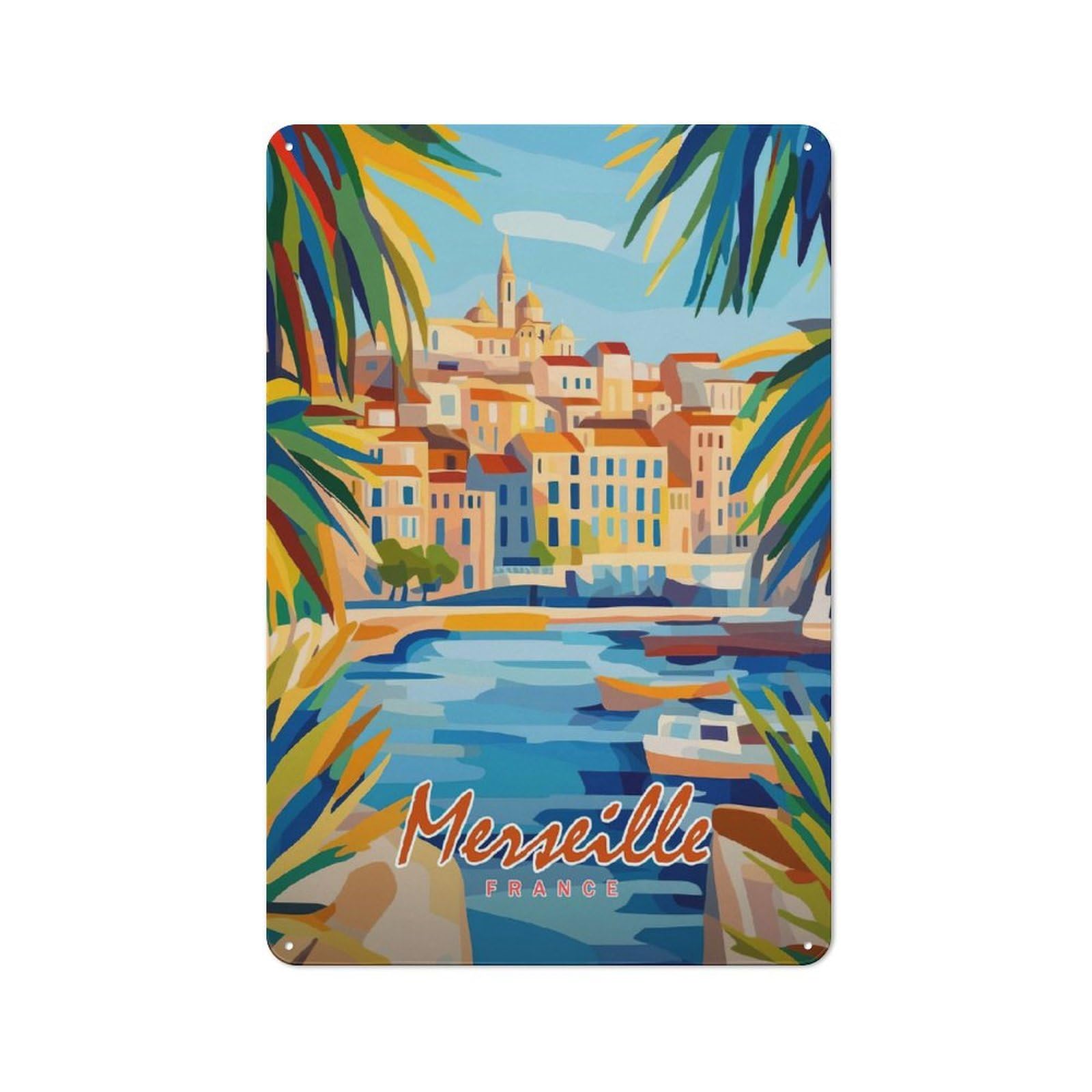 Junmoney Style-11 Marseille Cityscape Cafe Metal Sign 30X20cm, Vintage Restaurant Wall Art For Tea Room, Shop Wall Or Breakfast Area