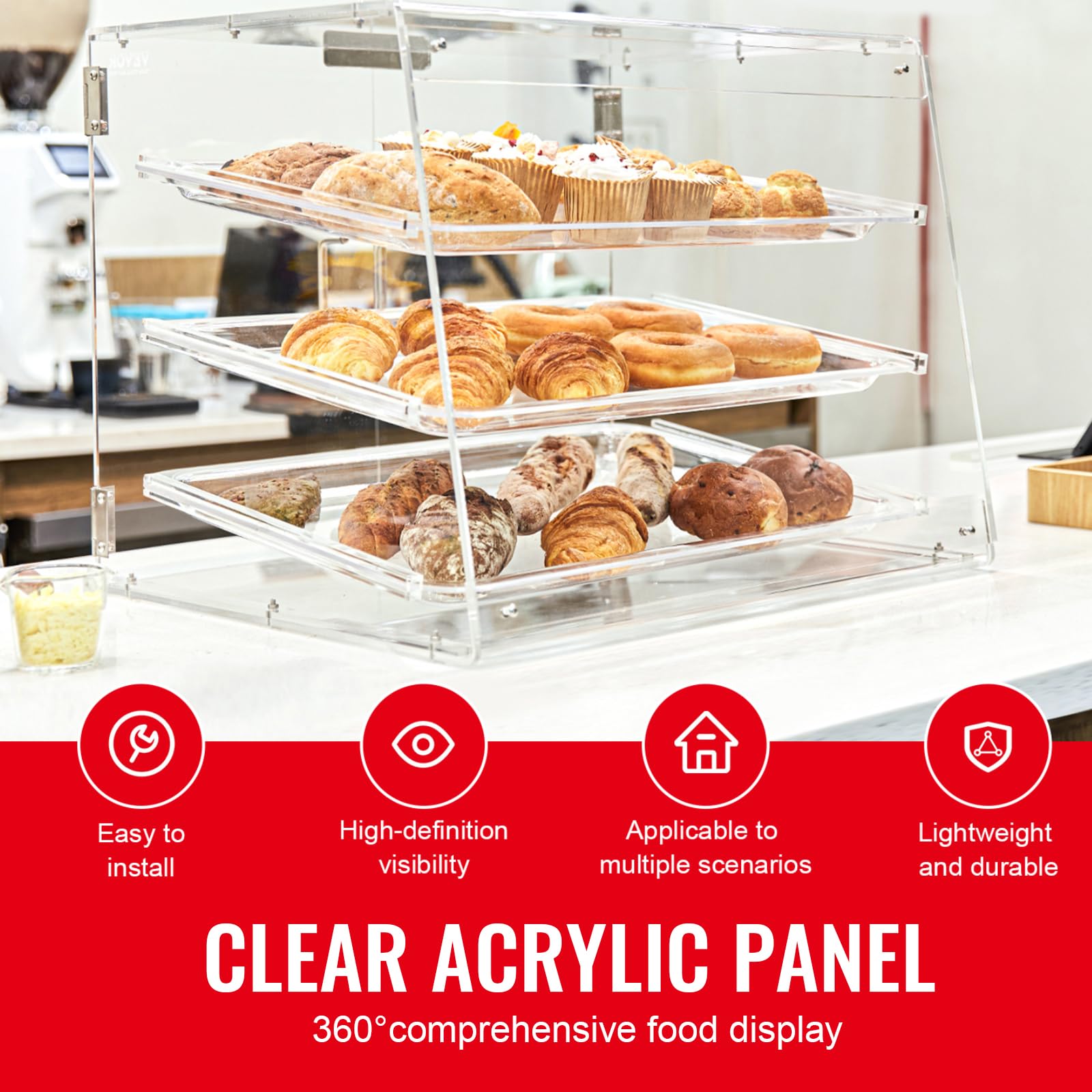 Happybuy 3-Tier Pastry Display Case, Commercial Countertop Bakery Display Box with Rear Door & Removable Shelves, Acrylic, 20.7