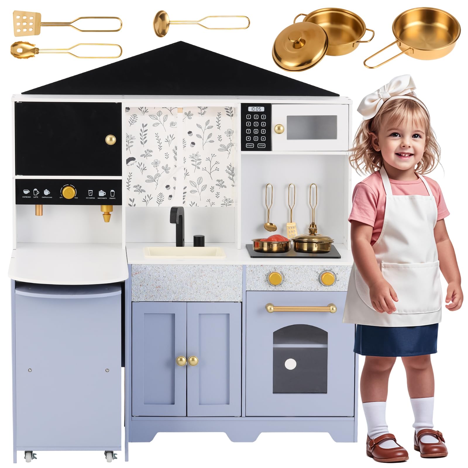 Generisch Kinderküche Spielküche in Weiß-Lila, 60x90x105cm aus Holz & Kunststoff mit Kochutensilien, Schwarztafel & Interaktiven Funktionen, Spielzeugküche für Kinder ab 3 Jahren