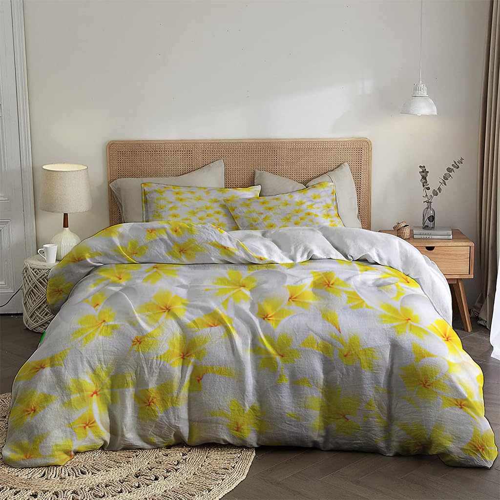 NIBAINLO 布団カバー咲き誇る白と黄色のプルメリアの花 肌に優しい ピーチスキン加工 掛け布団カバー 和式 洋式 あったか 布団カバーセット リバーシブル ホームステイ ホテル 家庭兼用