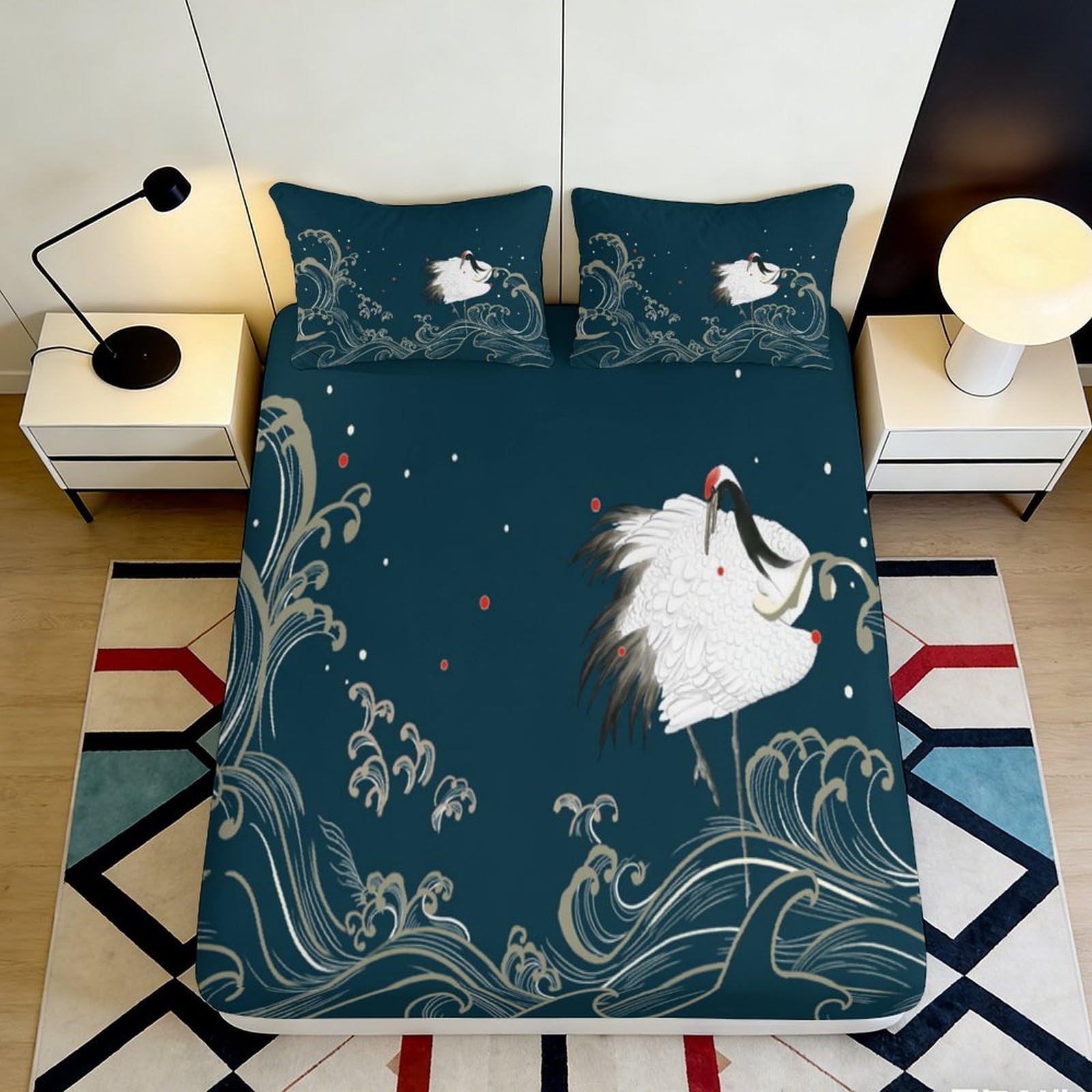 3D Printed Crane Wave Fitted Sheet Microfiber Blue Japanese Art Bed Cover Anti-Slip Decor for Bedroom Guest Room 120x200x25cm