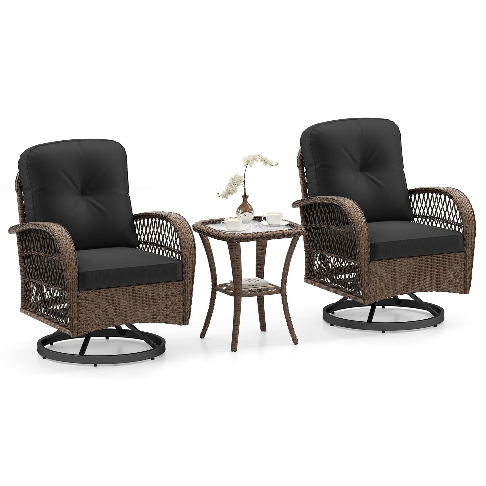 ORALNER 3 Pieces Wicker 360° Swivel Rocker Set Patio Furniture, Rocking Chairs with Cushions, Tempered Glass Coffee Table, Outdoor Rattan Bistro Set