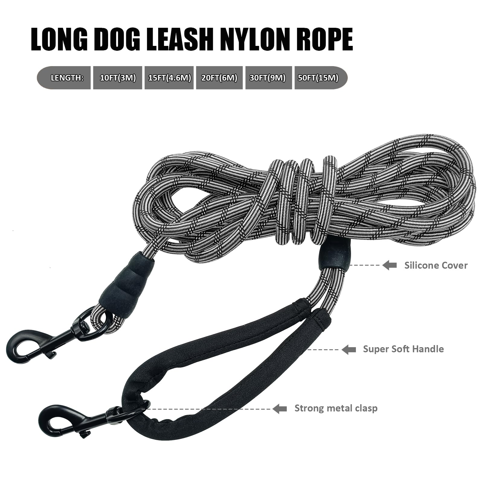 BTINESFUL Long Dog Leash, 10/15/20/30/50FT Dog Training Leash with Soft Handle, Reflective Heavy Duty Rope Dog Lead for Medium Large Dogs Outside Play, Camping (3/8" x 10ft, Black) - image 5