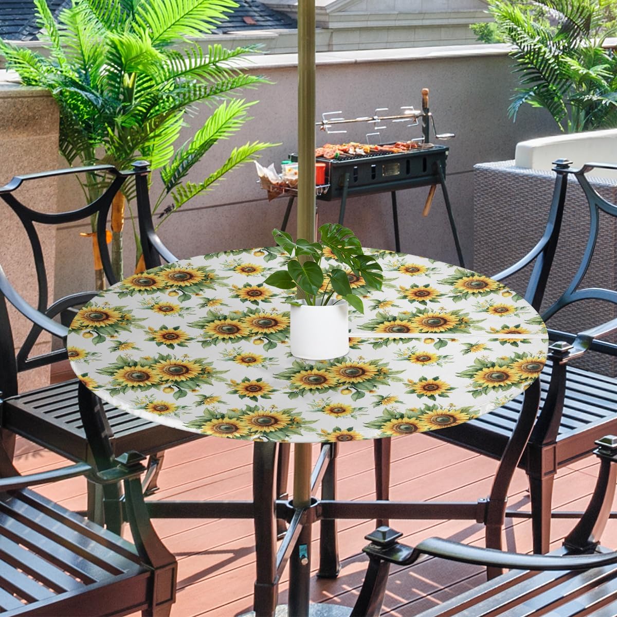 Sunflowers Outdoor Fitted Round Tablecloth with Umbrella Hole, 36"-44" Elastic Patio Table Cloth with Zipper Oil-Proof Waterproof Patio Table Cover for Picnic Party Spring Decoration
