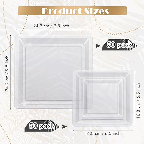 Miniatura 2 de 100 platos cuadrados de plástico transparente de 6.5 pulgadas y 9.5 pulgadas, platos desechables transparentes duros y transparentes, platos de