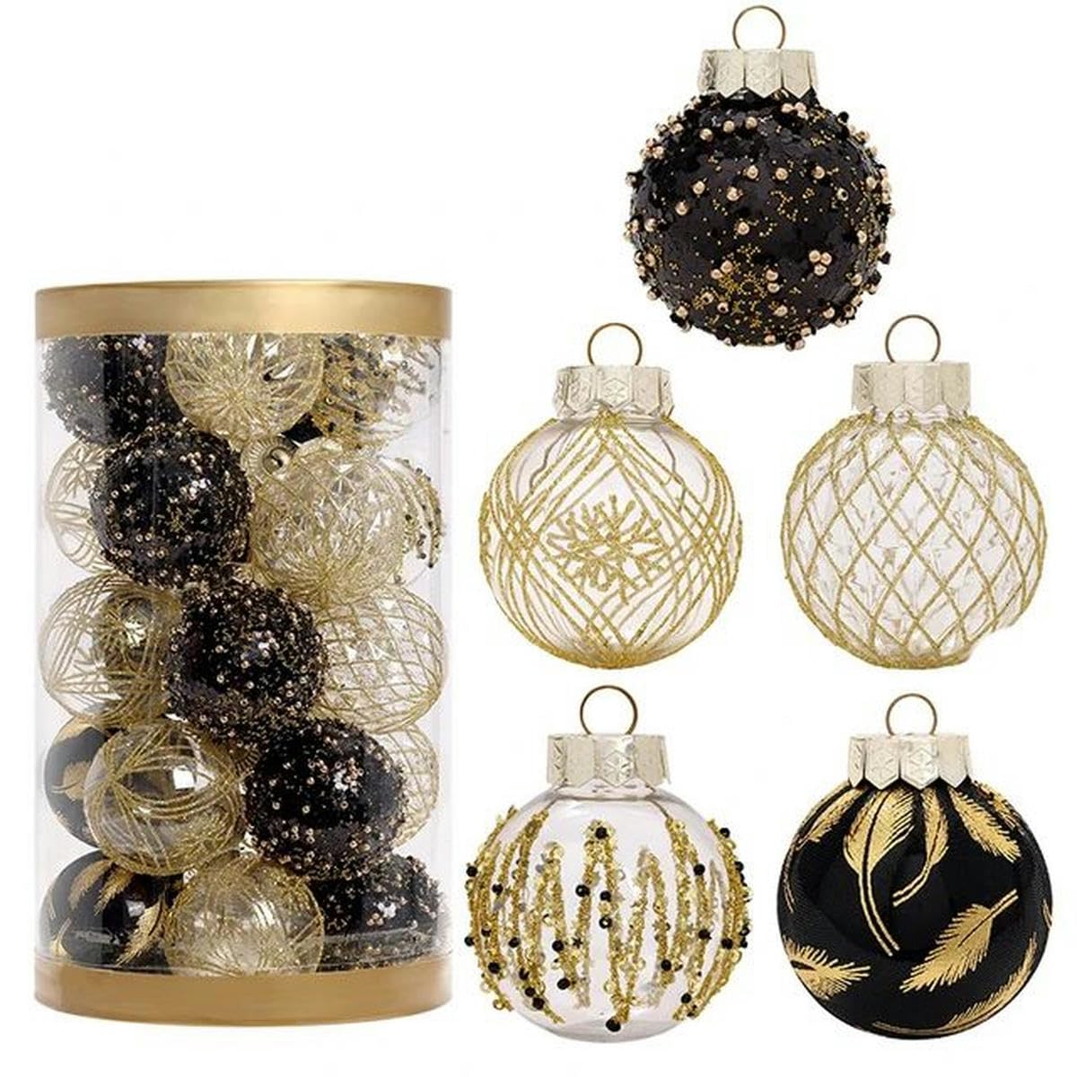 25 Piezas Adornos de Bolas de Navidad de 6 cm Adornos Transparentes Dorados con Purpurina Decoraciones Colgantes para árbol de Navidad para el hogar-Negro Dorado-6 cm