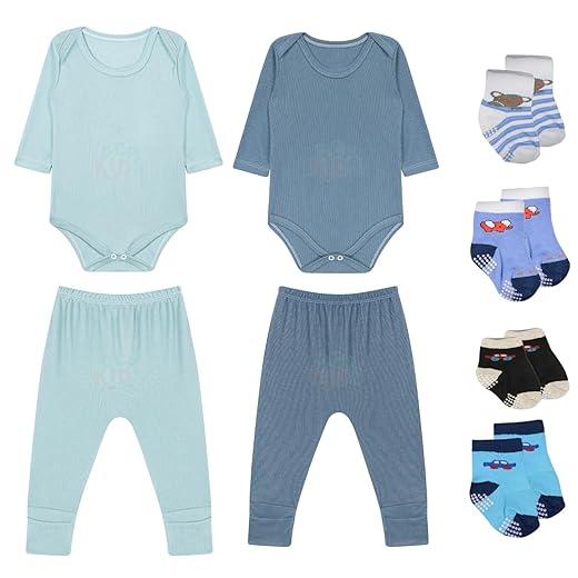 Kit 8 Body Bebê Manga Longa Calça e Meias Canelado Premium Menino