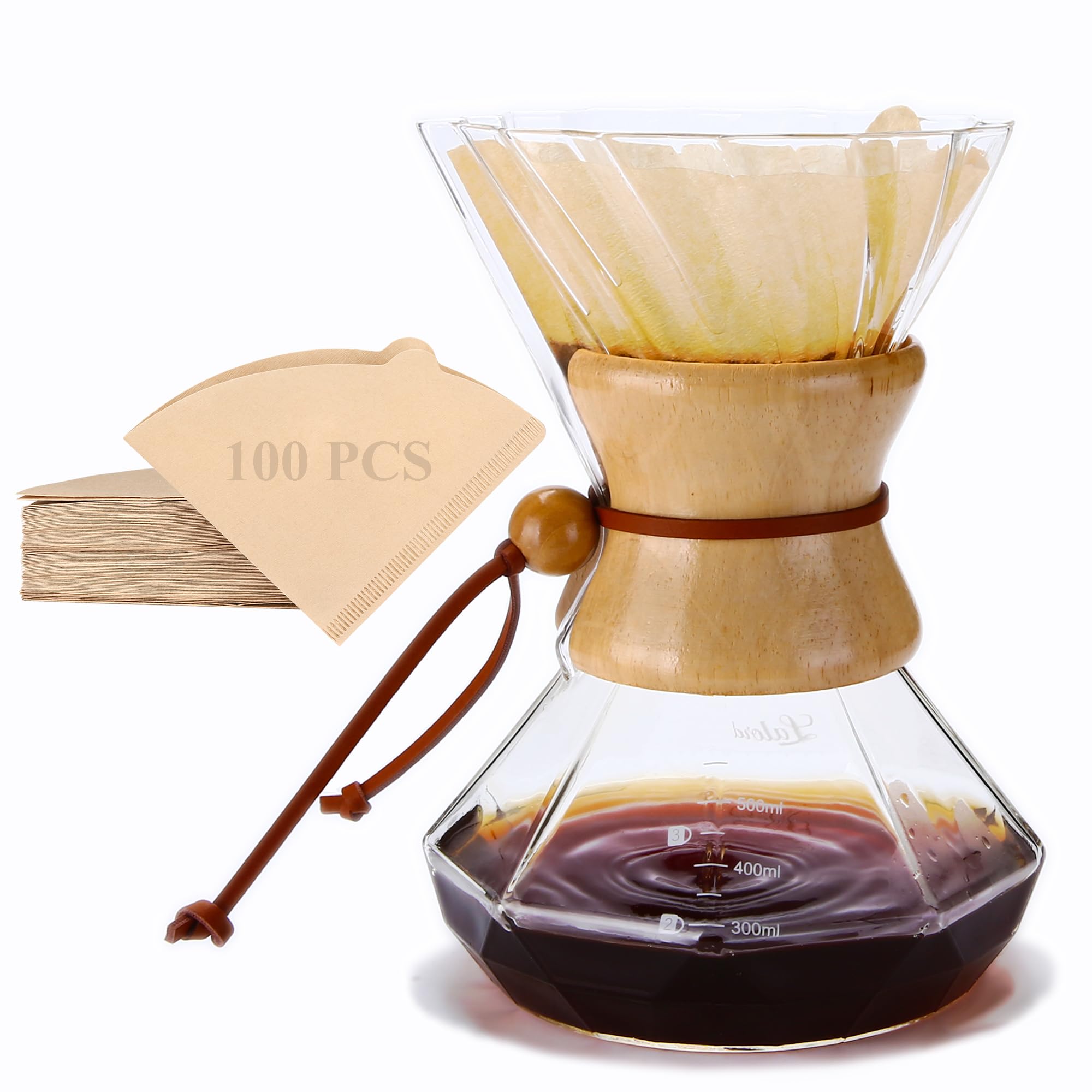 Lalord Pour Over Coffee Maker, 550ml Borosilicate Glass Carafe &amp; Dripper, Wooden Collar, Cowhide Rope, Includes 100 PCS Paper Filters (Clear, 19 oz)