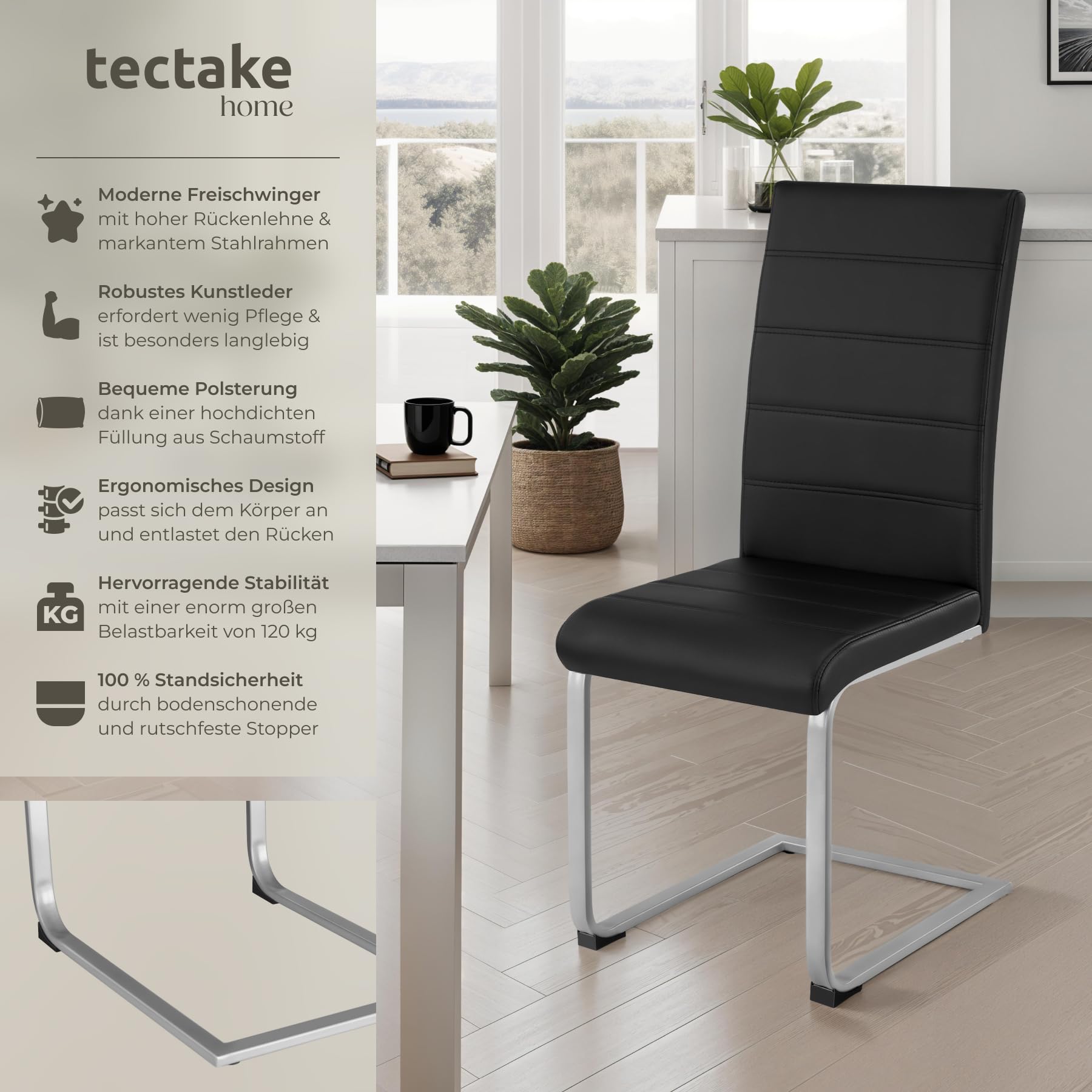 tectake® 2er Set Esszimmerstühle modern, ergonomischer Stuhl für Esszimmer, Besucherstuhl, Möbel für Küche, Esstisch, Küchenstühle, Freischwinger Essstühle, hohe Rückenlehne - schwarz