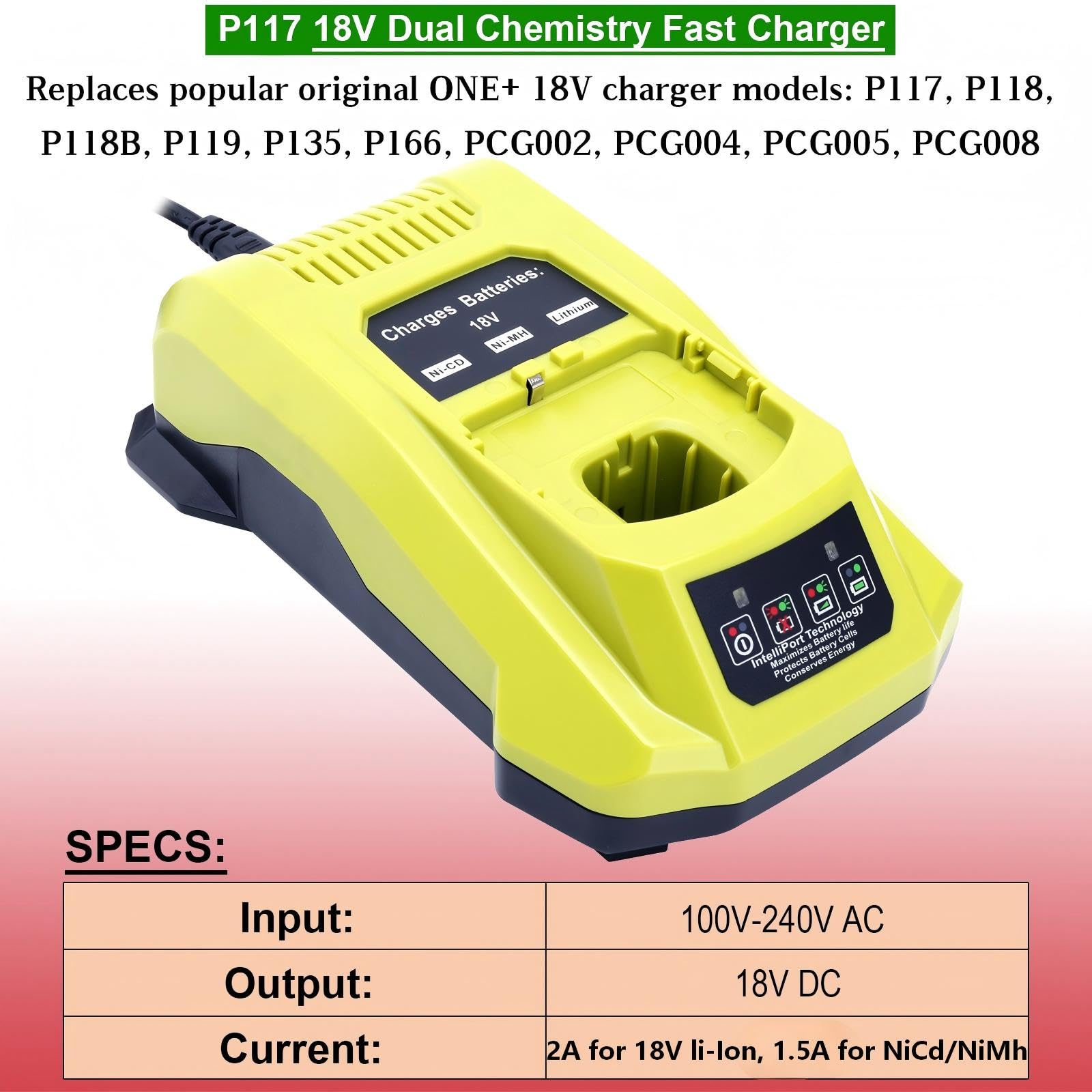 Kekepowtobat Kompatybilna z ładowarką do akumulatorów Ryobi 18 V, szybka ładowarka P117 kompatybilna z akumulatorami Ryobi 12 V-18 V ONE + litowym, NI-CD i NI-MH PBP2005 PBP002 PBP005 PBP006 P193 P108