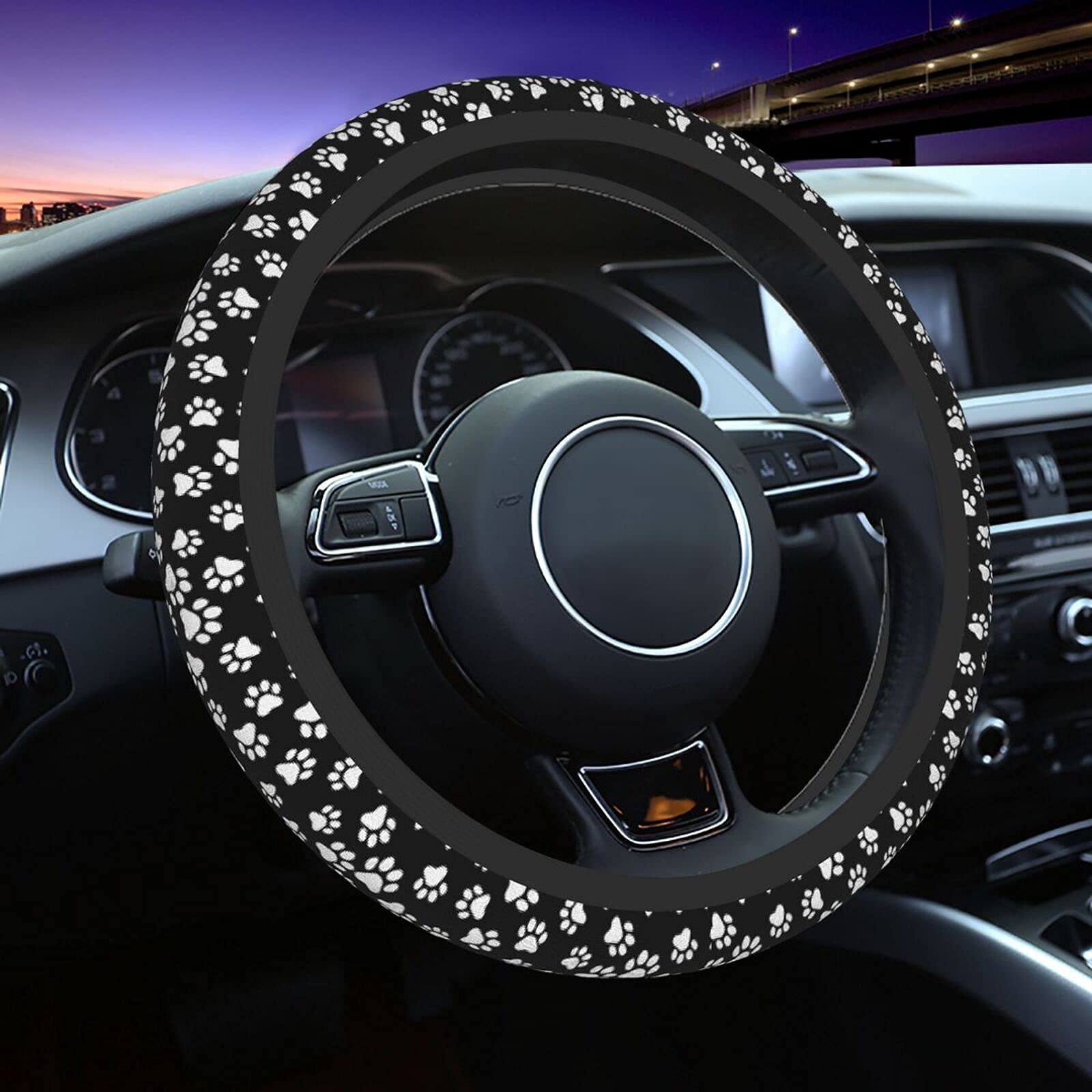 Cute Black White Paw Steering Wheel Cover for Women Men, Universal Car Accessories Fit 15 Inch