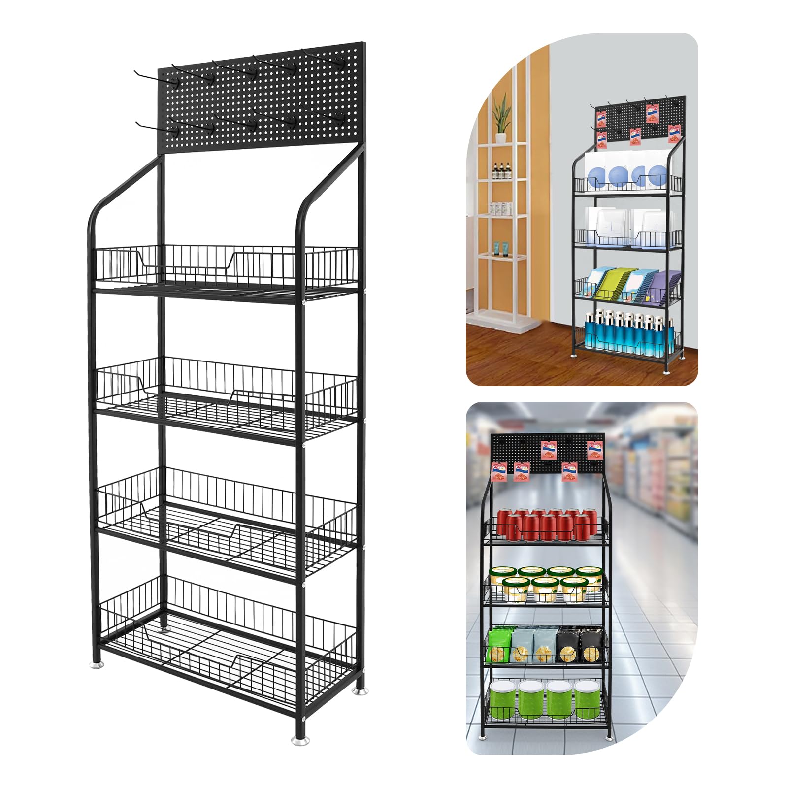 fagauhds Retail Snack Display Stand, 4 Tier Snack Candy Potato Chip Display Rack Stand with 10 Hooks,Metal Wire Storage Shelves Heavy Duty, Snack Organizer Concession Stand Display Supplies,Black