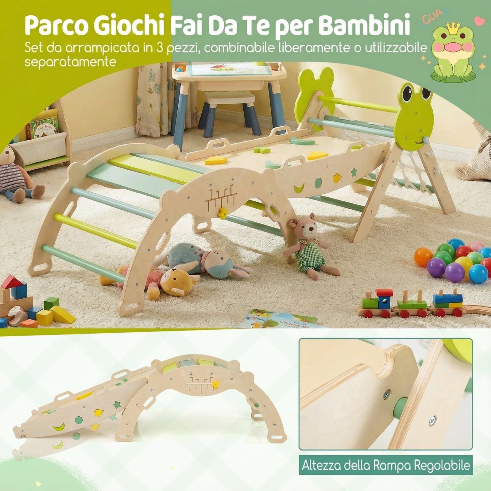 RELAX4LIFE Set da Arrampicata per Bambini, Triangolo di Arrampicata con Scivolo e Arco, Gioco di Incastri in Legno, Gioco Montessori per Bambini 1+ Anni (Rana con Rete-3 Pezzi | Verde)