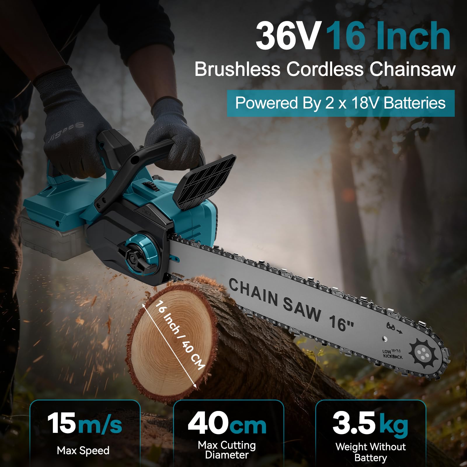 Motosierra eléctrica con batería de 16 pulgadas con riel de 40 cm, para batería Makita de 18 V, motor sin escobillas de 1600 W, tensión de cadena sin herramientas y lubricación automática (sin batería