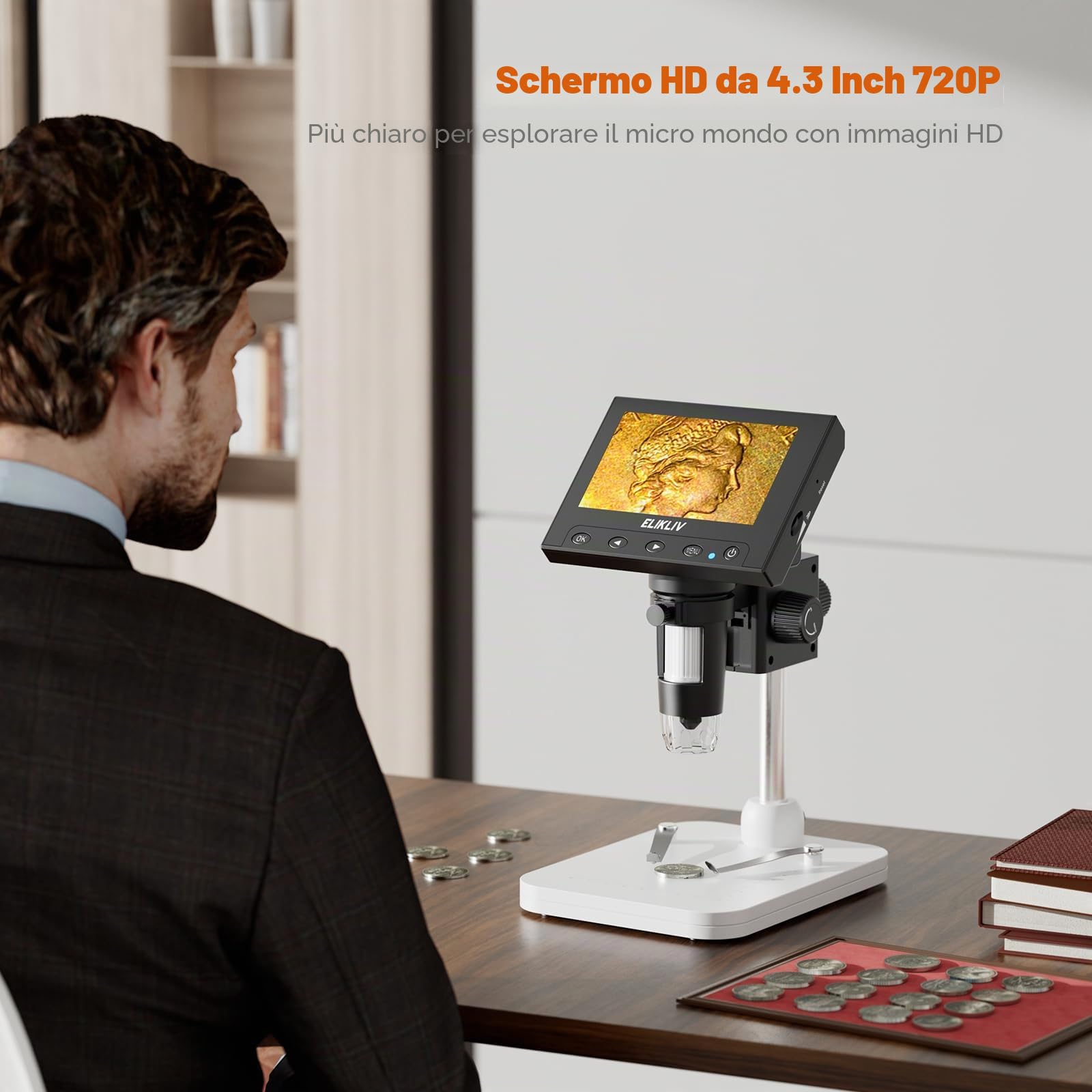 Elikliv Microscopio digitale LCD per monete 1000x, Lente d'ingrandimento con 8 luci LED regolabili, Vista PC compatibile con Windows, EDM4, 4,3 pollici