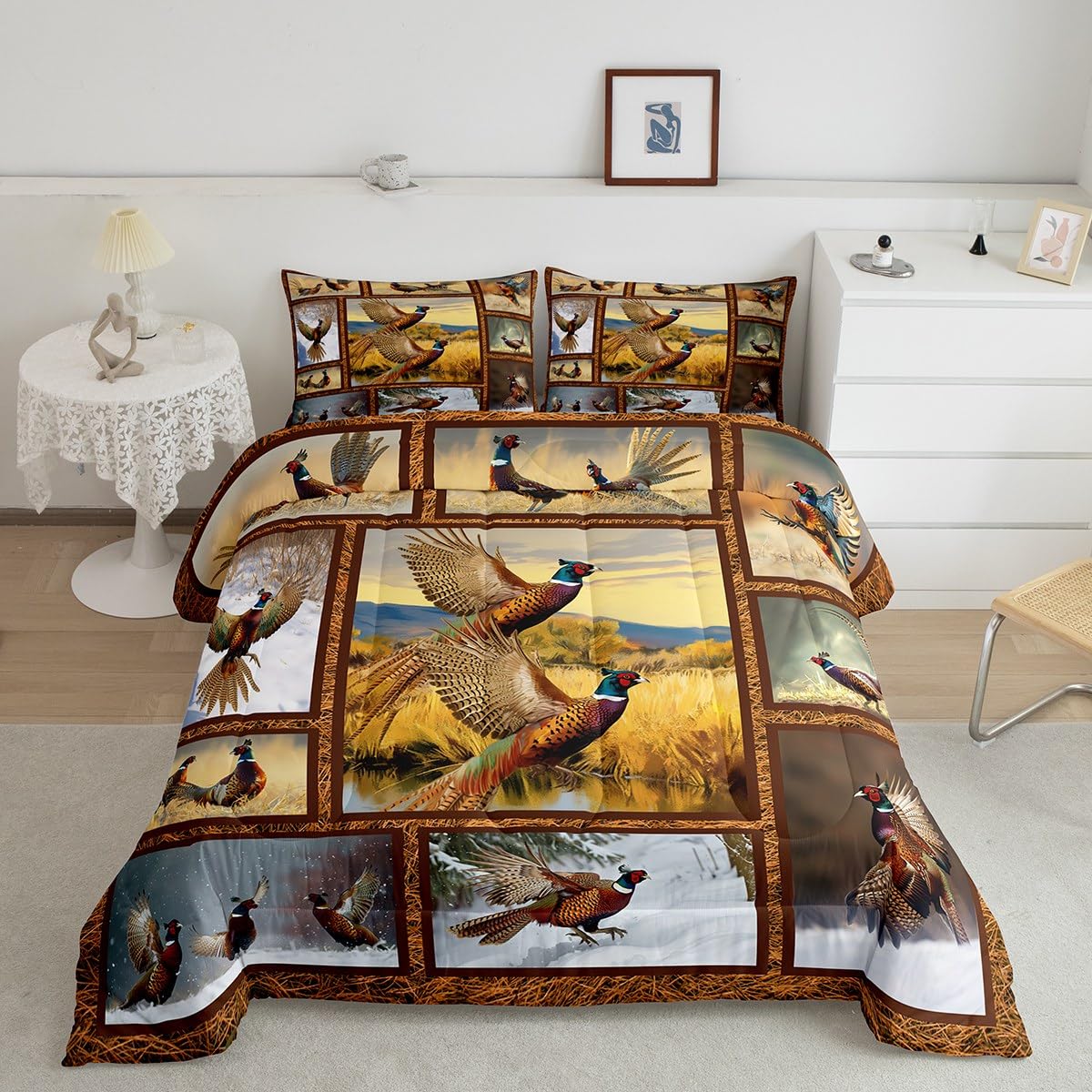 Erosebridal Pheasant Comforter Set for Teens Youth,Hunting Animal Bedding King,Vintage Nature Landscape Comforter Bedroom Decor,Woodland Farmhouse