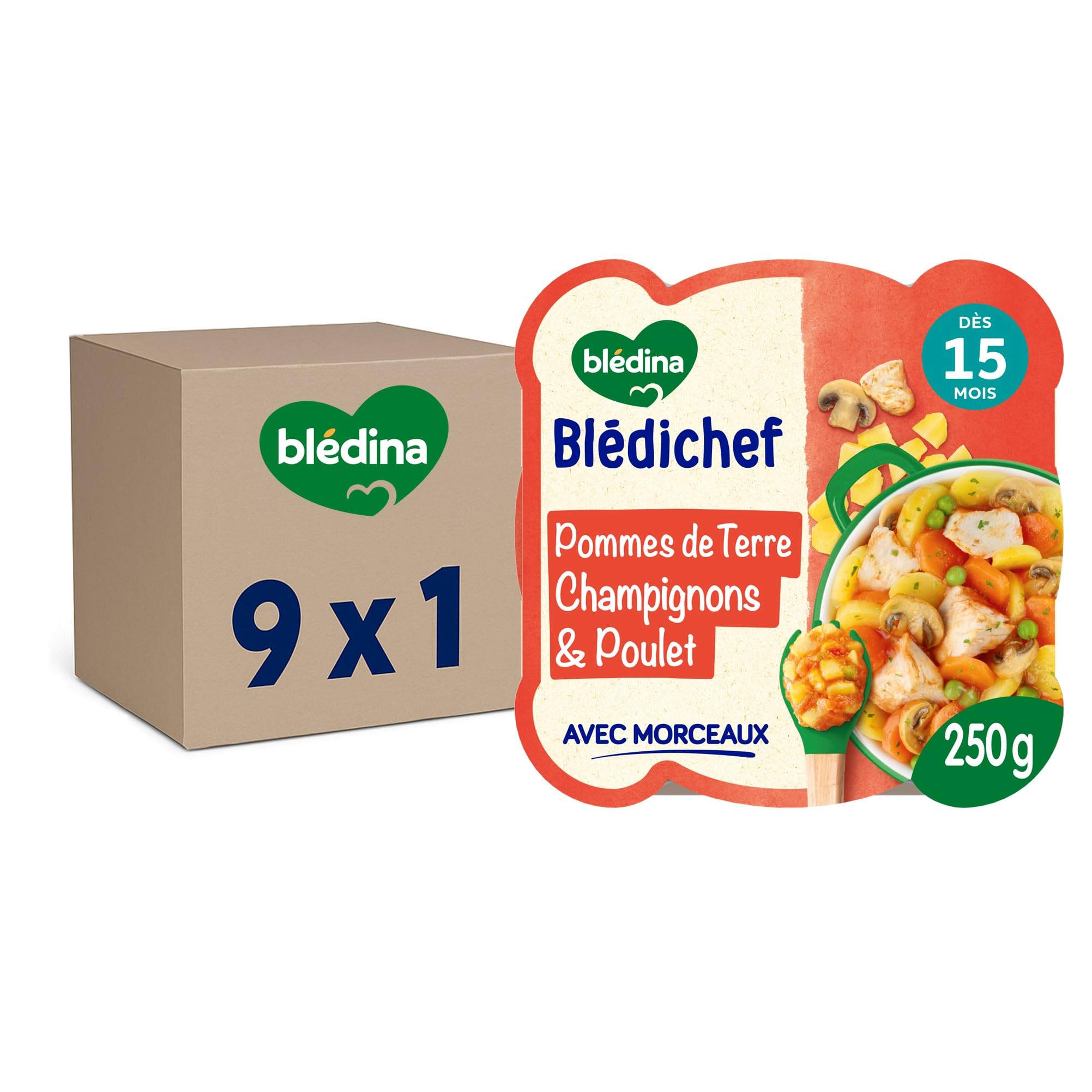 Blédina - Blédichef - Repas Bébé 15 Mois - 9 Plats Pommes de Terre Champignons Poulet - Petits Morceaux - 100% Ingrédients d'Origine Naturelle - Dès 15 Mois - 9 Assiettes de 250g