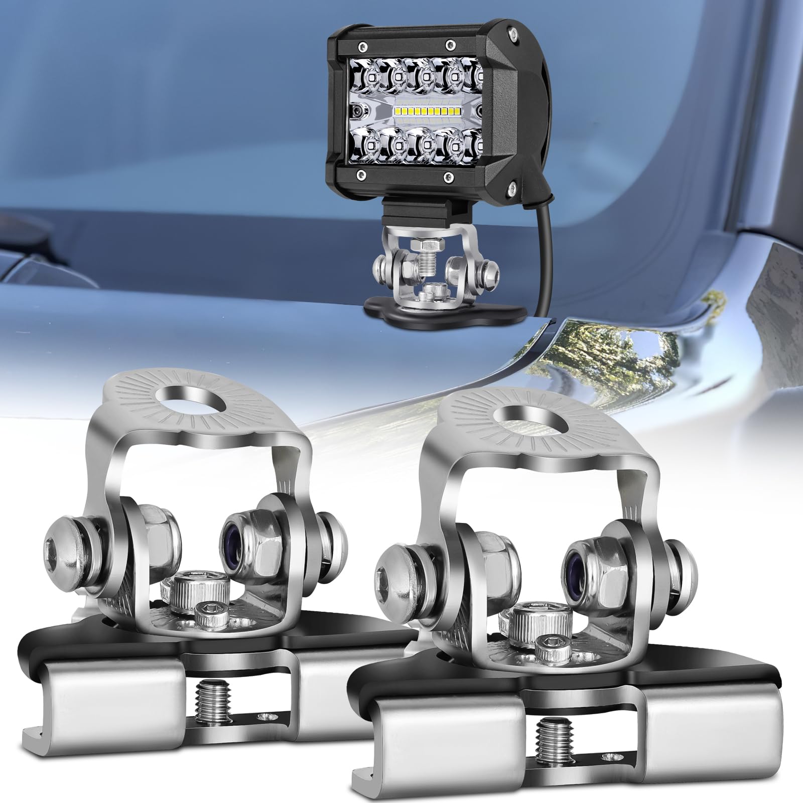 Ditch Light Hood Mount Brackets, SWATOW INDUSTRIES 2PCS Universal Light Bar Brackets No Drilling Adjustable Pillar Hood Work Light Mounting Brackets Clamp Holder for Truck Jeep Ford Toyota SUV UTV