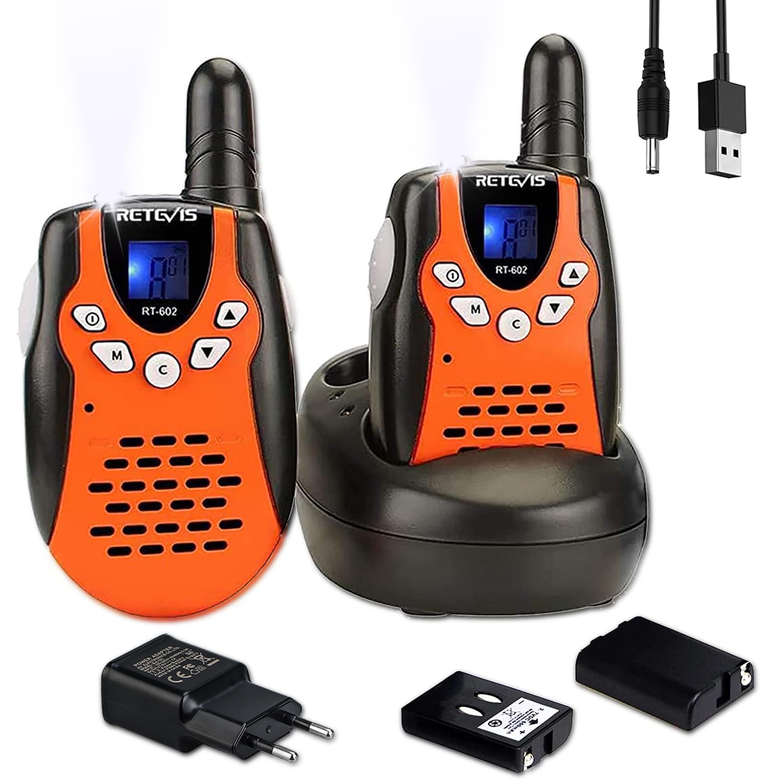 Retevis RT602 Walkie Talkie Kinder 8 Kanäle PMR446 Kinder Funkgeräte mit wiederaufladbare Akkus Taschenlampe VOX LCD-Display Spielzeug Spy-Gear Geschenke für Kinder (1 Paar, Orange)