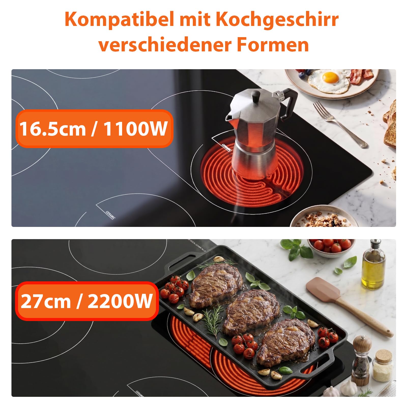 Topwish Glaskeramikkochfeld 4 Platten 60cm 6600W Elektroherd mit Kindersicherung Restwärmeanzeige Timer