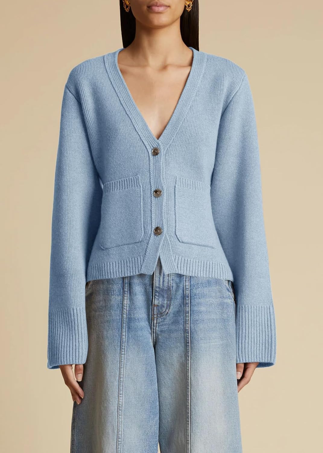 Saodimallsu Womens Deep V Neck Cardigan Sweaters Open Front Button Down Long Sleeve Cropped Knit Coats with Pockets - Image 3