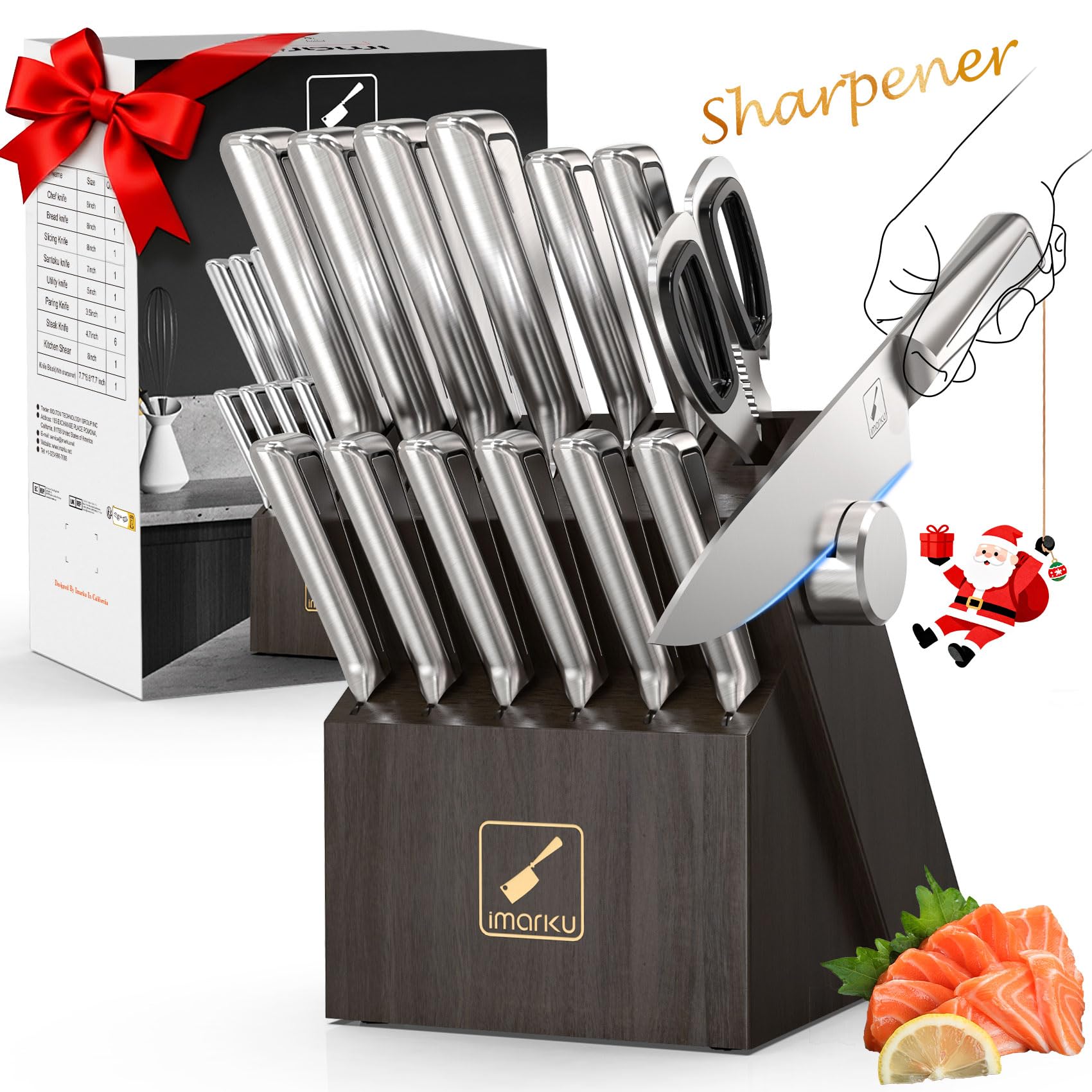 Knife Sets for Kitchen with Block imarku G14 Japanese Knife Set Stainless Steel Kitchen 14pcs, Built-in Sharpener, Sharp Knives with Non-slip Ergonomic Handle - Dishwasher Safe, Home Essential Gifts