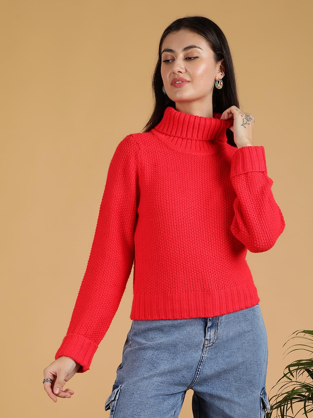 KOTTY Damski sweter z dzianiny z golfem, elegancki, dopasowany krój, zimowy sweter z solidnym wzorem