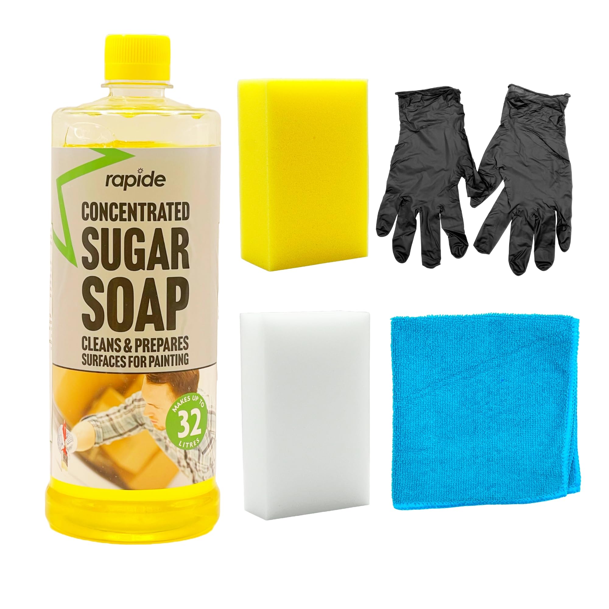 Curated By KobusSugar Soap Wall Cleaning Bundle: Includes 800ml Sugar Soap Concentrate (Makes 32L), Magic Eraser, Decorator Sponge, Microfibre Towel, & Latex-Free Gloves - Sugar Soap for Walls, Clean