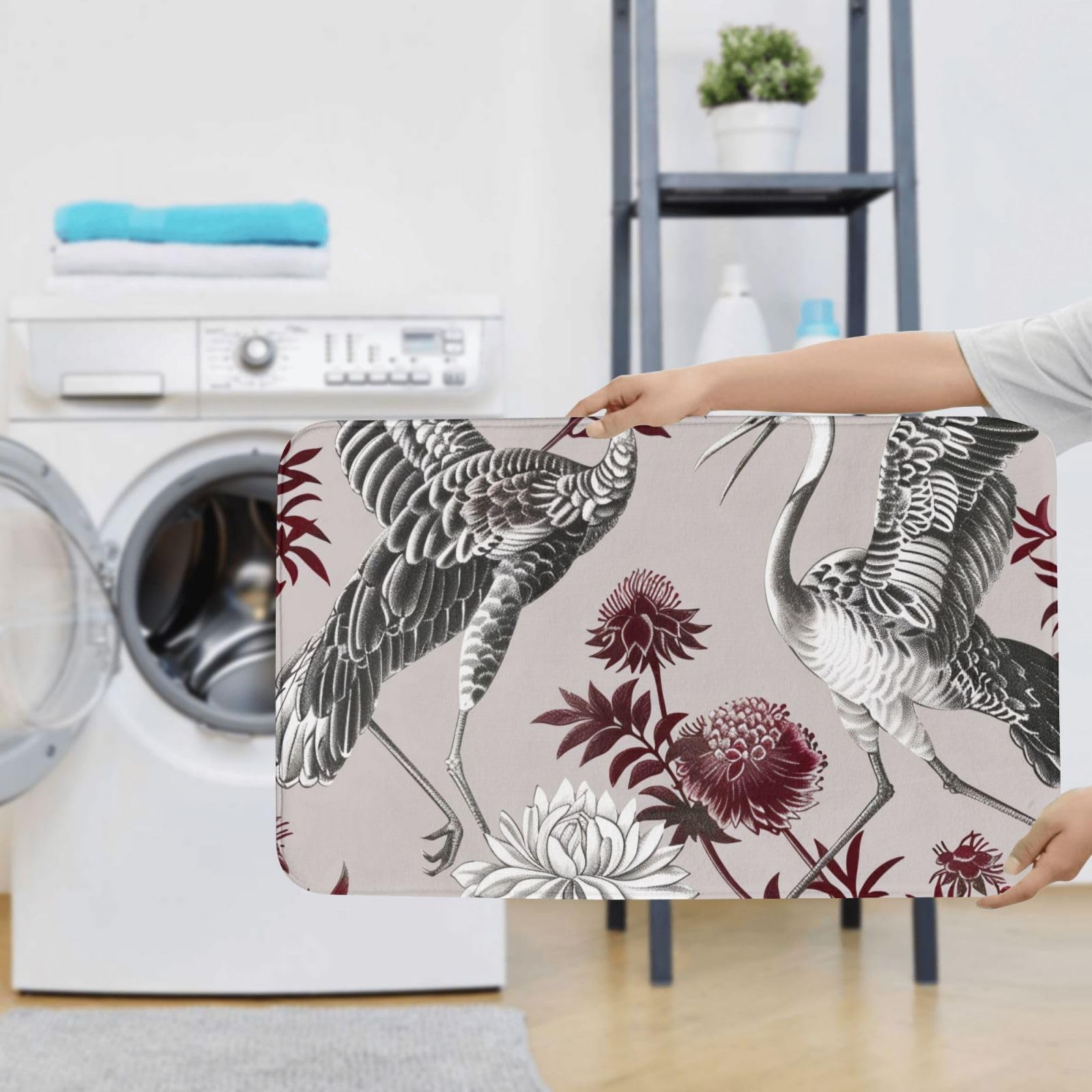Lot de 3 tapis de bain en flanelle avec motif floral et herbes botaniques - Tapis de bain + tapis contour + housse de siège de toilette - Antidérapant et absorbant