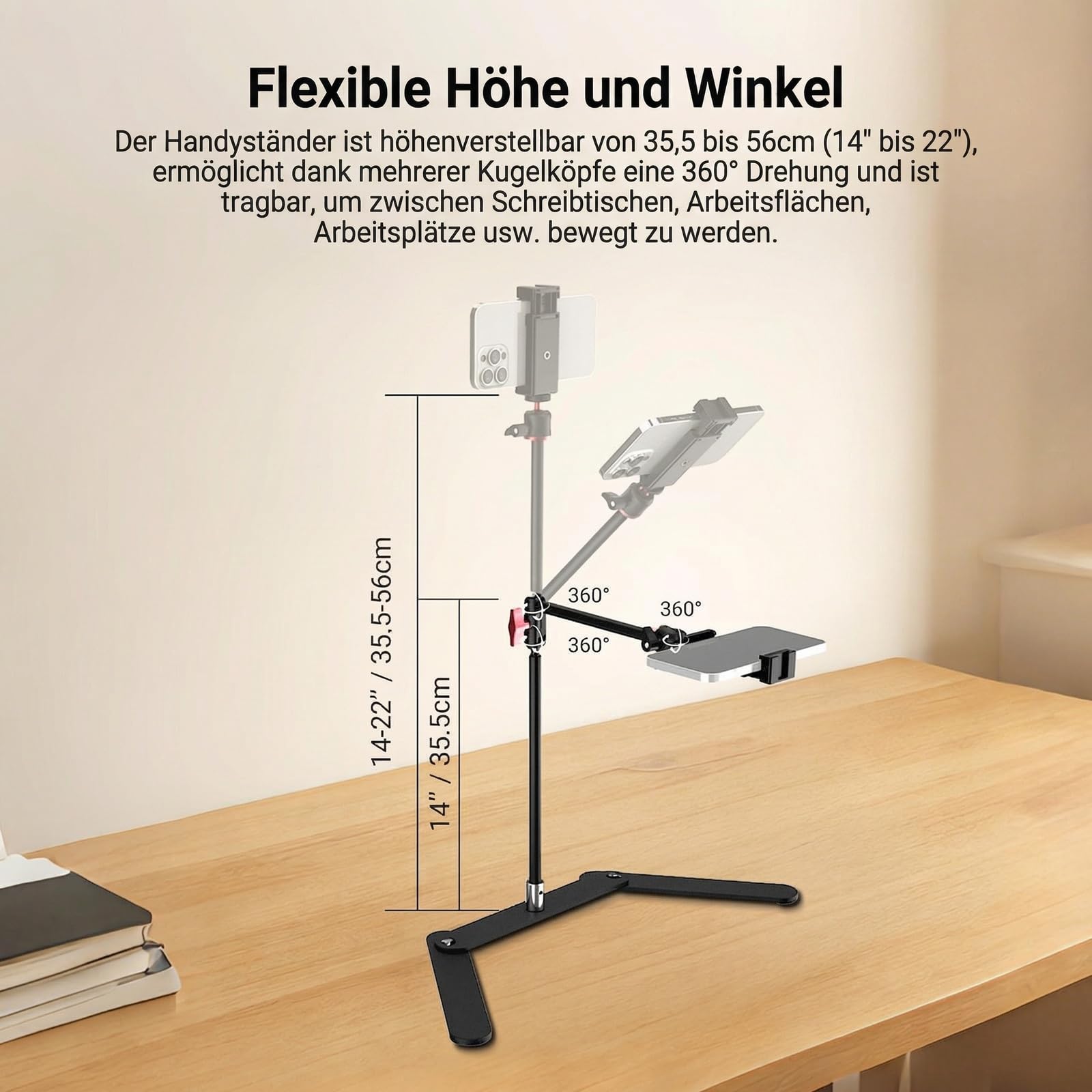 NEEWER Overhead Handystativ mit Doppelkugelkopf und schwenkbarem Boom Arm, stoßdämpfende Tischklemmen Handyhalterung Ständer mit klappbarem Sockel für Klavier Kochen Zeichnen Live Streaming, DS026