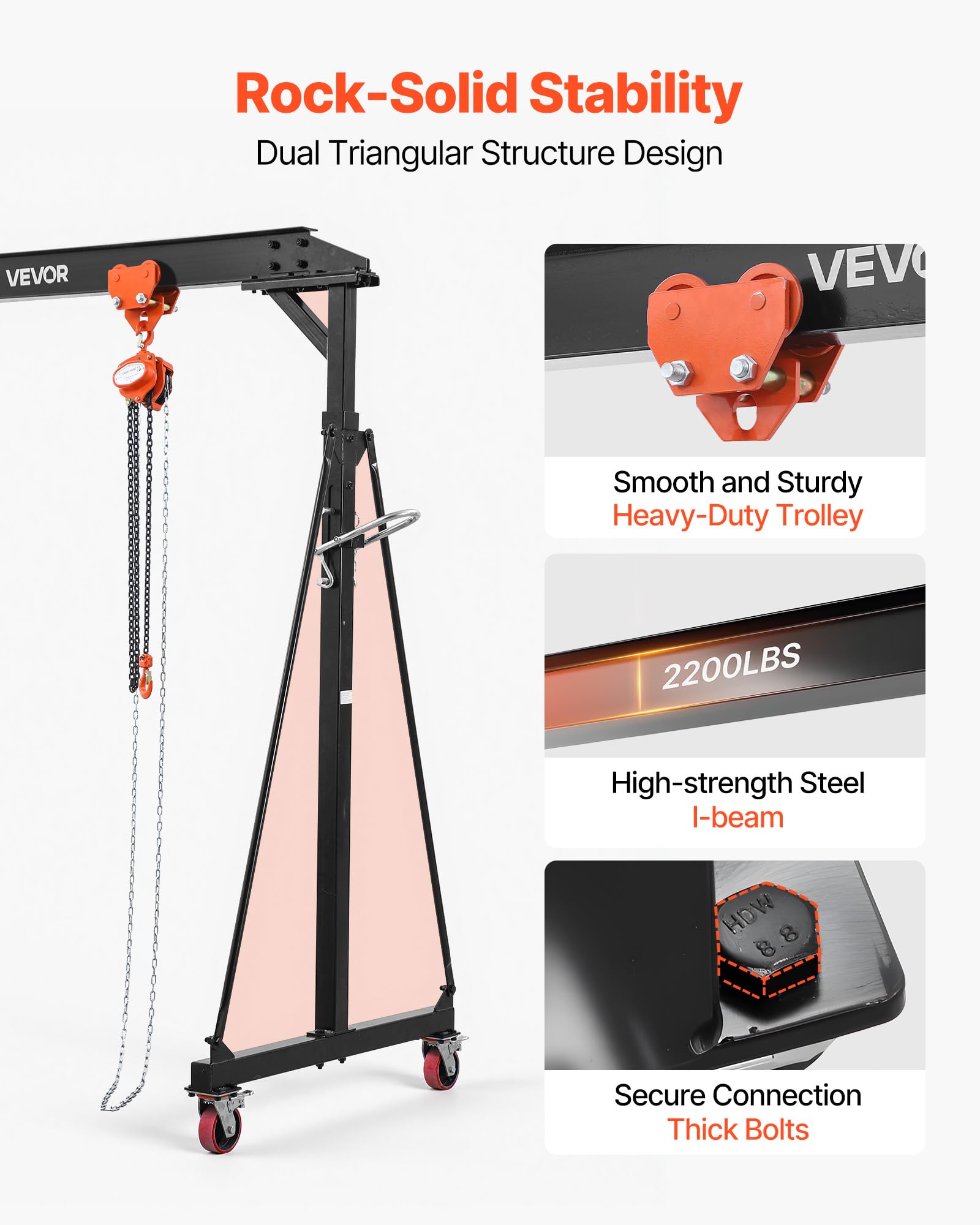 VEVOR Mobiler Portalkran mit 997,9kg Tragkraft, 243-363cm Höhenverstellbarer Ladekran aus Stahl, Werkstattkran mit Manueller Laufkatze Kettenzug & 360° Feststellrollen, Lastkran für Lager Werkstatt