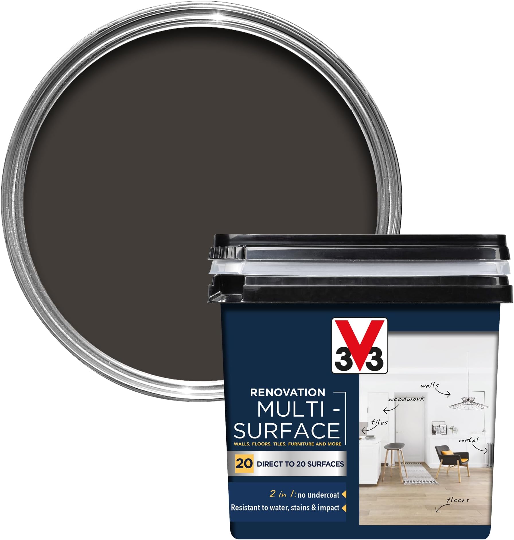 V33 Renovation Multi-Surface Paint - No Undercoat Needed - Over 20 Surfaces - Resistance To Water Stains & Impact - High Coverage - Graphite Black 750ml