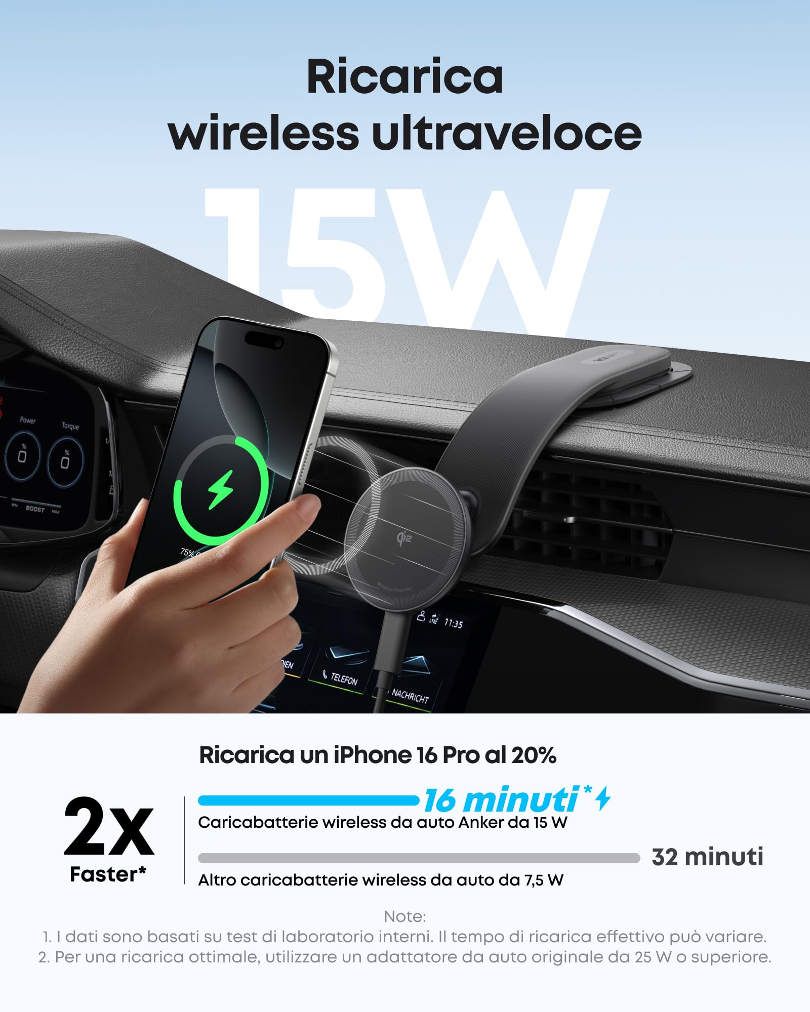 Anker Nano Caricabatterie Wireless Magnetico da Auto, Regolabile a 360° con Supporto Rimovibile, Ricarica Rapida 15W Certificata Qi2 con Supporto in Lega, per iPhone 16/15/14/13 (Adattatore Incluso)