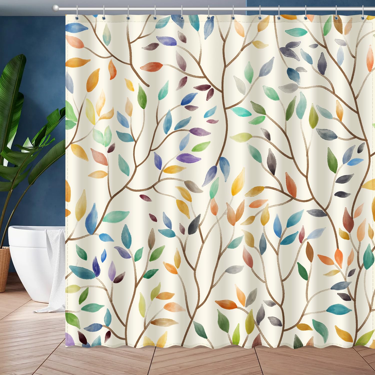 JWXCBIM Boho Floral Shower Curtain, Fall Colorful Botanical Flower Leaves Bohemian Yellow Fabric Shower Curtain Set with 12 Hooks, Bathroom Bathtub