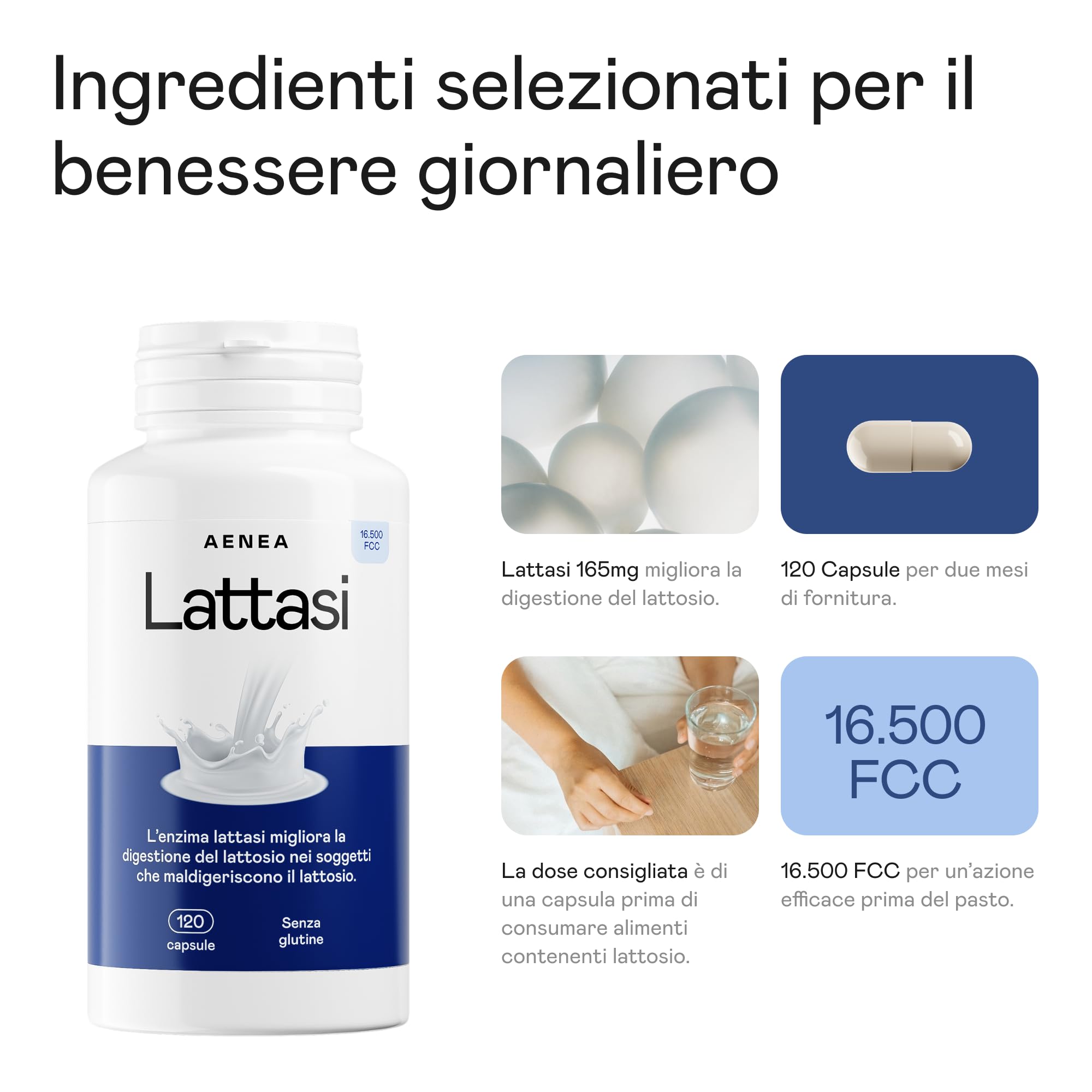 Aenea Lattasi Capsule Effetto Immediato 16500 FCC, 120 Capsule, Enzima Lattasi ad Alto Dosaggio per Intolleranza Lattosio, Capsule Lattosio per Digestione, Prodotto in Italia e Sicuro