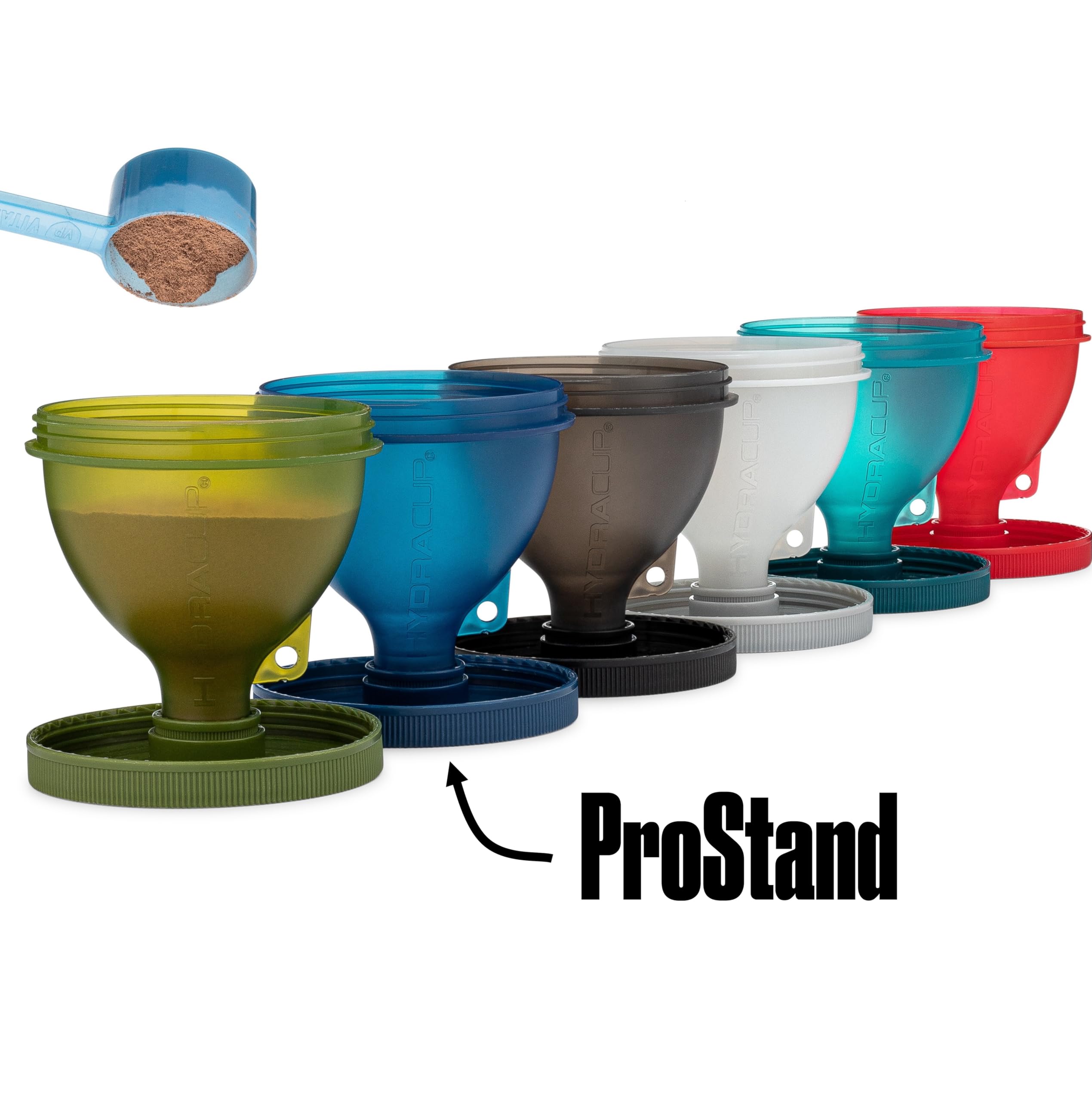 ProStand [6 paquetes] - Embudos para llenar botellas de agua con recipiente de proteína en polvo, juego On The Go Set, llavero para taza de coctelera, suplementos para llevar