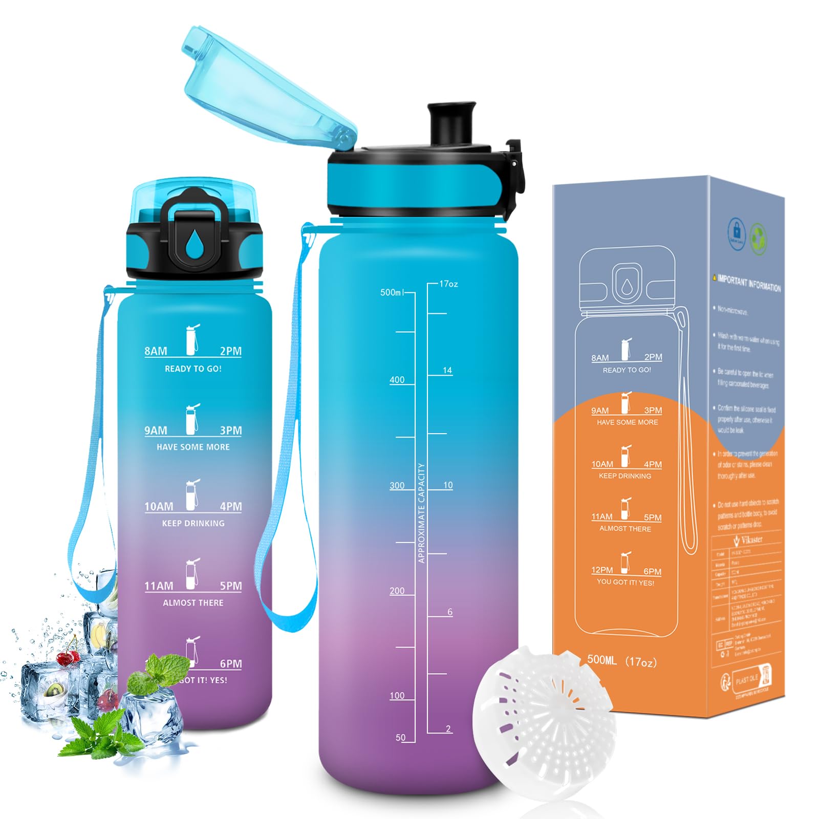 Vikaster Borraccia Sportiva, Borraccia 500ml/1000ml/1500ml, Senza BPA & Prova di Perdite, Bottiglia Acqua Bambini, Bici, Scuola, Palestra, Ufficio, Yoga